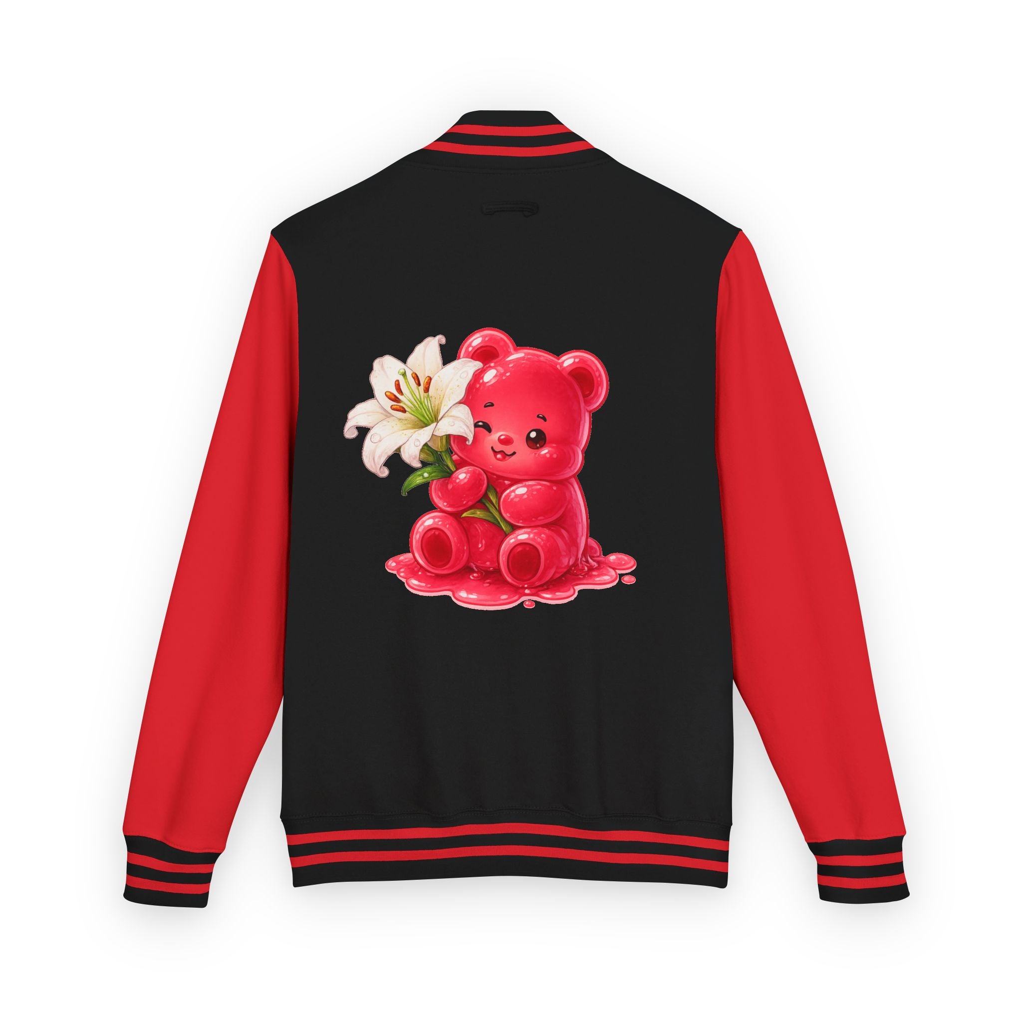 White Lilies, Red Gooey Gummy Friend — Kawaii Graphic Varsity Jacket