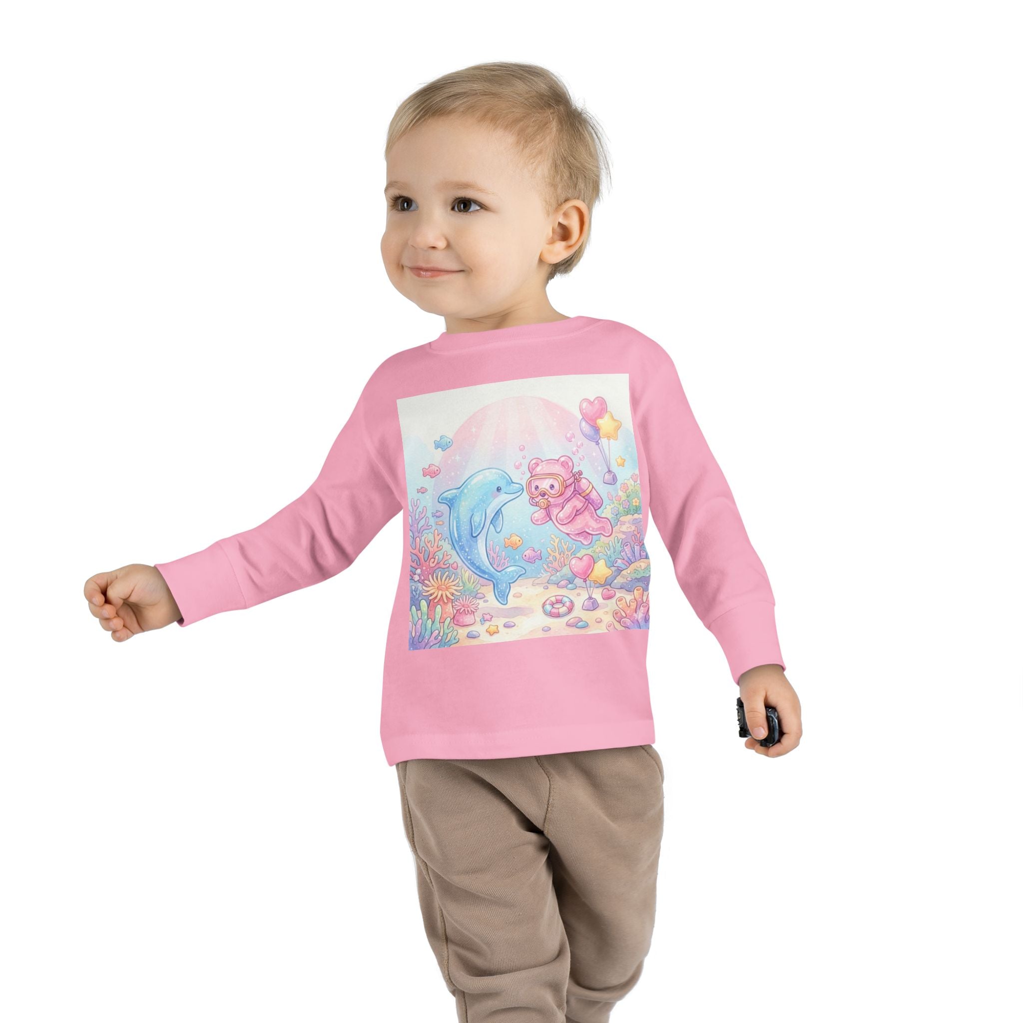 Cute Dolphin & Scuba Oozy Bear Pastel Underwater Friends- Graphic Long Sleeve Shirt