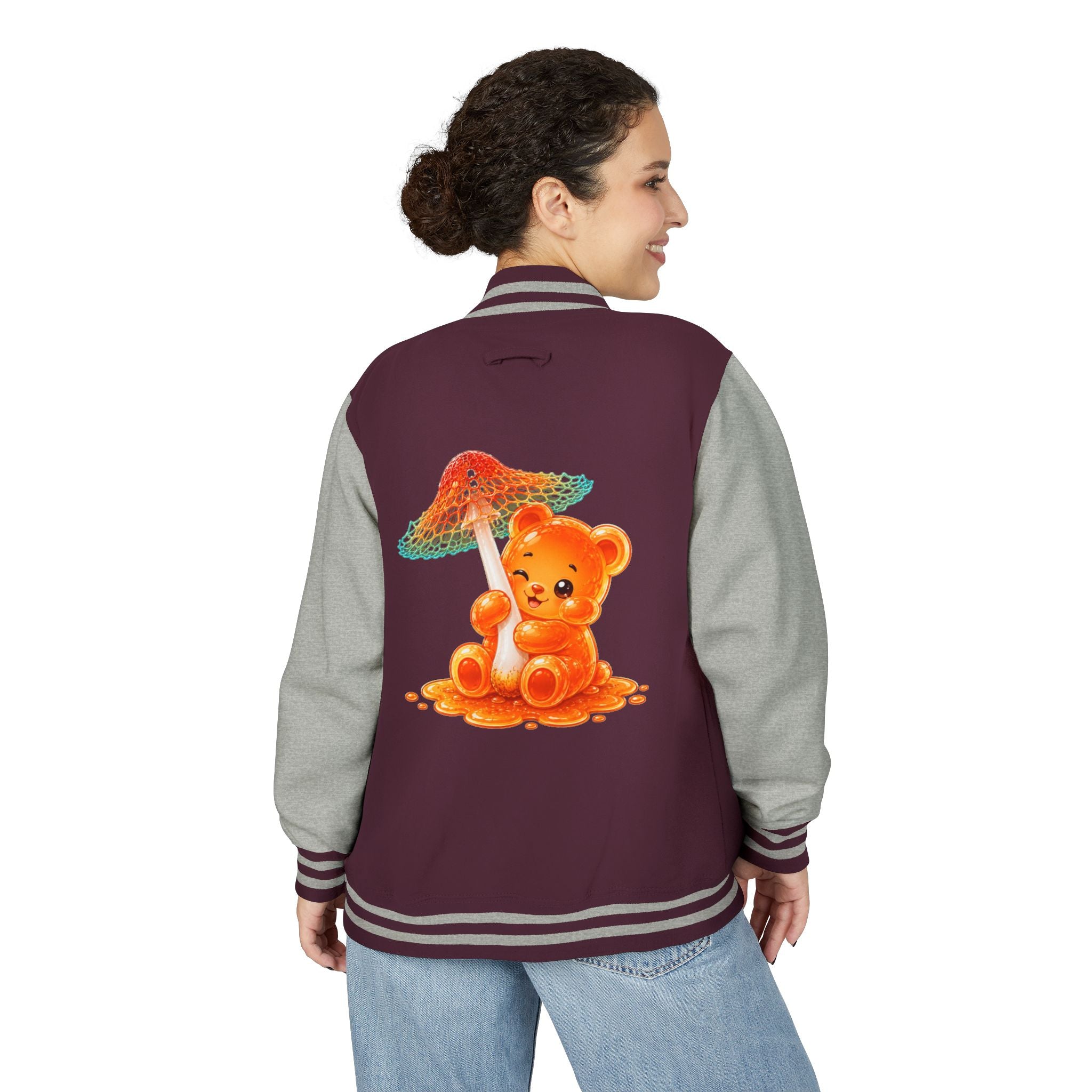 Pretty Orange and Teal Mushroom, Gooey Gummy Bear Friend — Kawaii Graphic Varsity Jacket