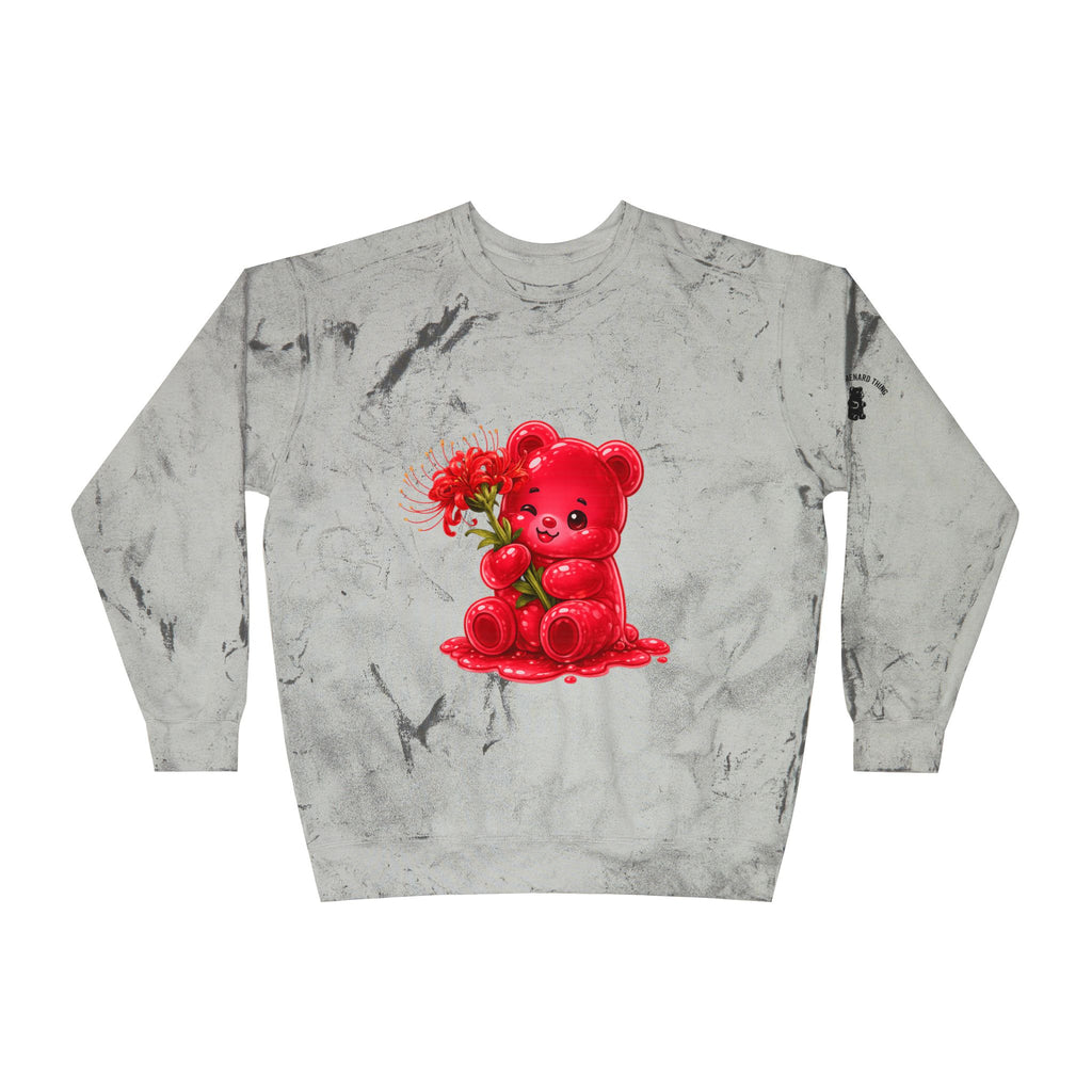 Beautiful Red Spider Lily Bloom, Oozy Bear Gummy Friend- Graphic Tie-Dye Sweater