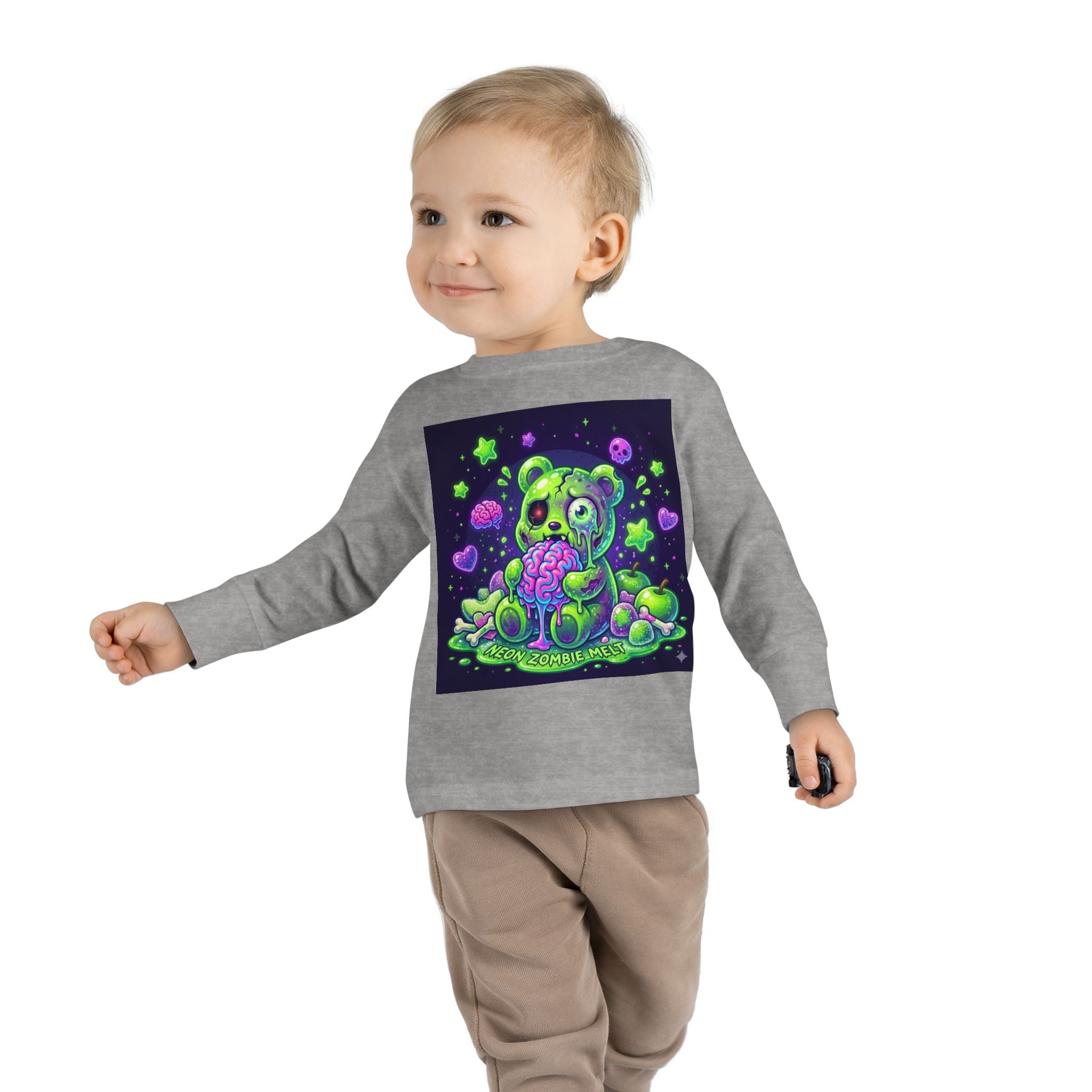 Neon Zombie Oozy Bear Gummy Halloween Addition- Kids Graphic Long Sleeve Shirt