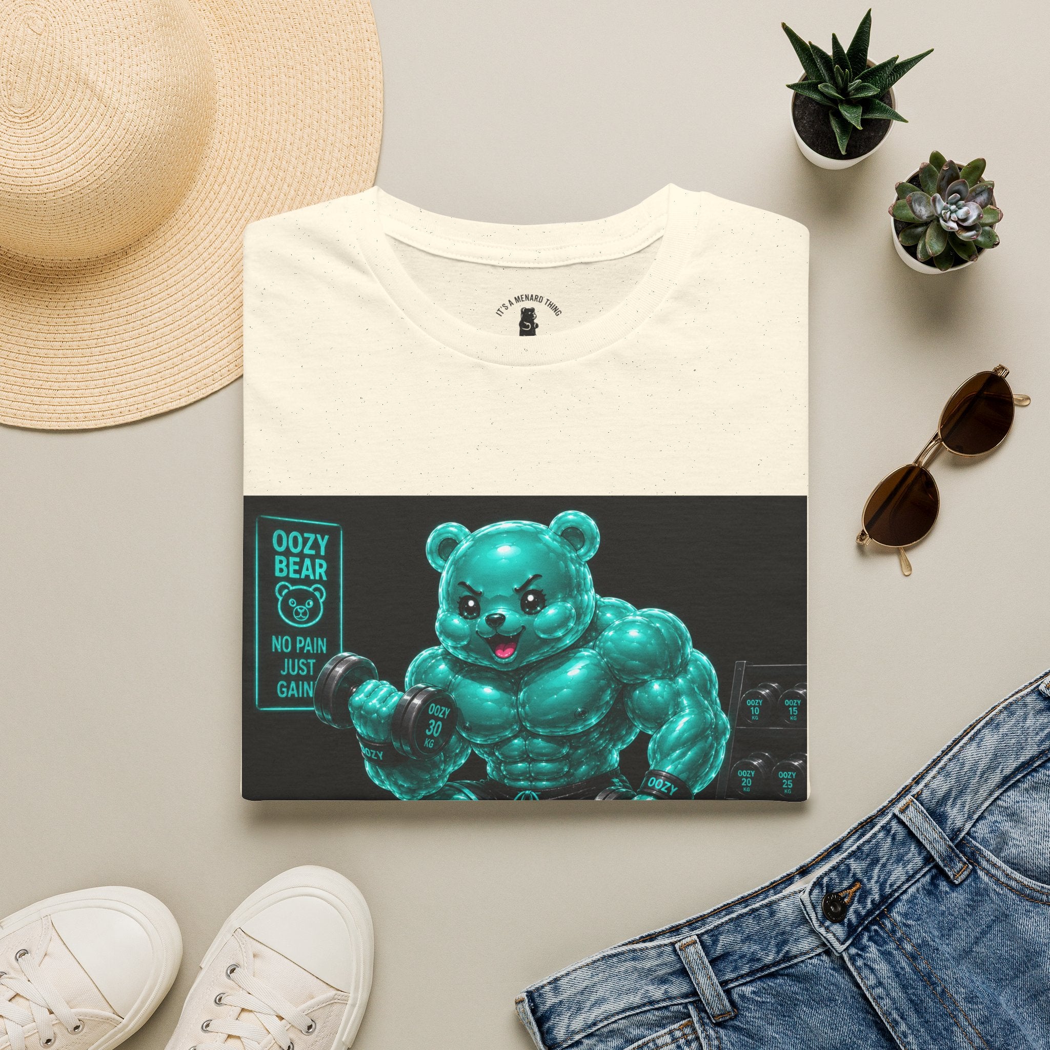 Working Out, Teal Oozy Buff Bear Gummy Gym Addition- Adult Graphic Shirt
