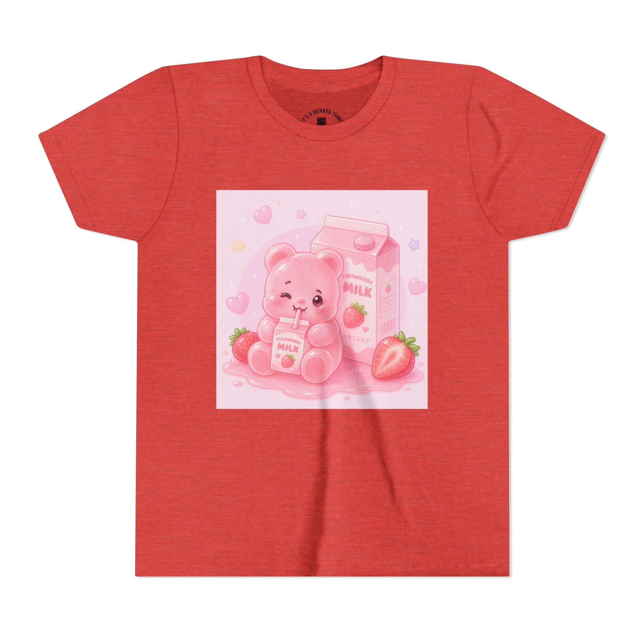 Kids' Pink Strawberry Milk Gooey Gummy Bear— Cute Youth Short Sleeve Shirt