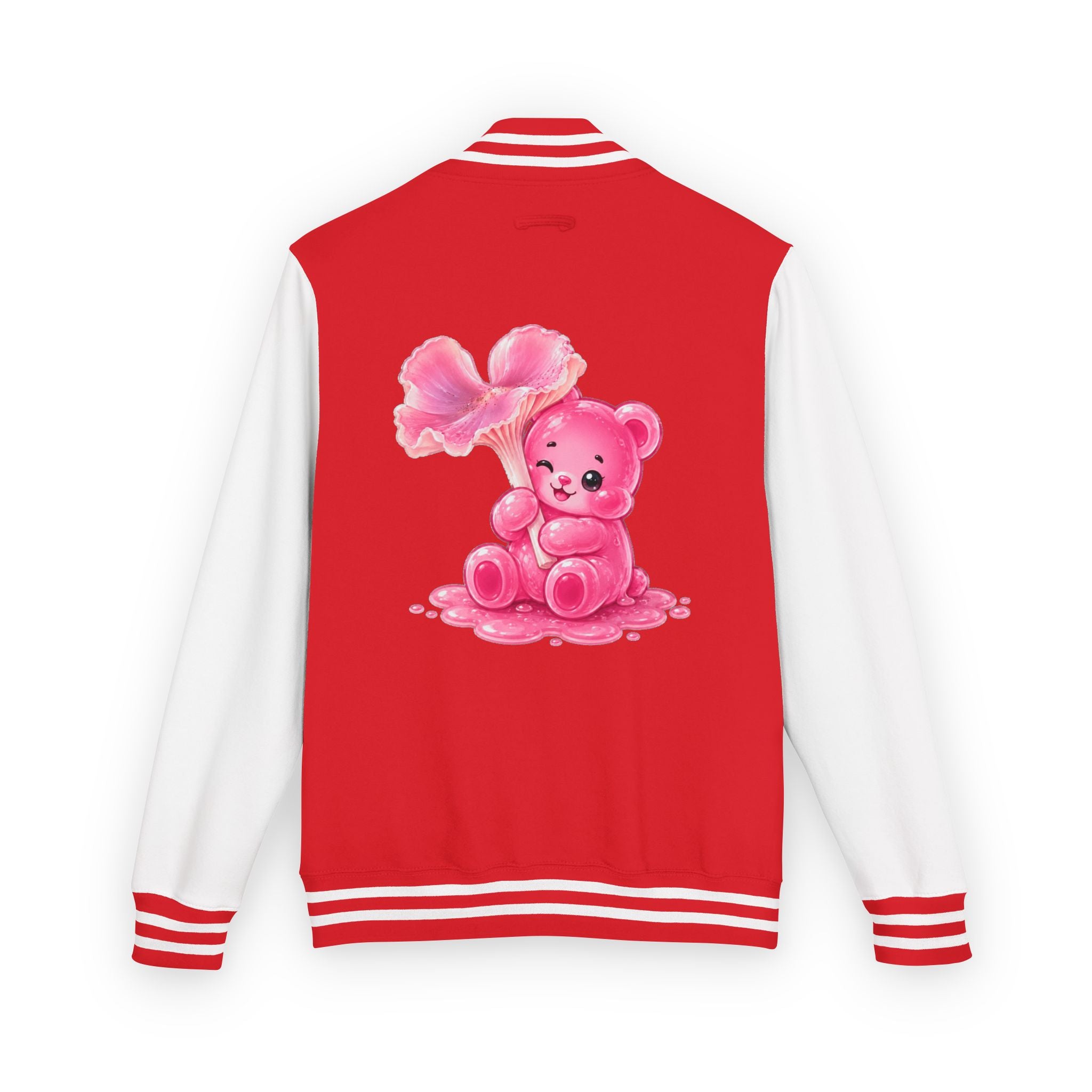 Pink Wax Cap Mushroom, Gooey Gummy Bear Friend — Kawaii Graphic Varsity Jacket
