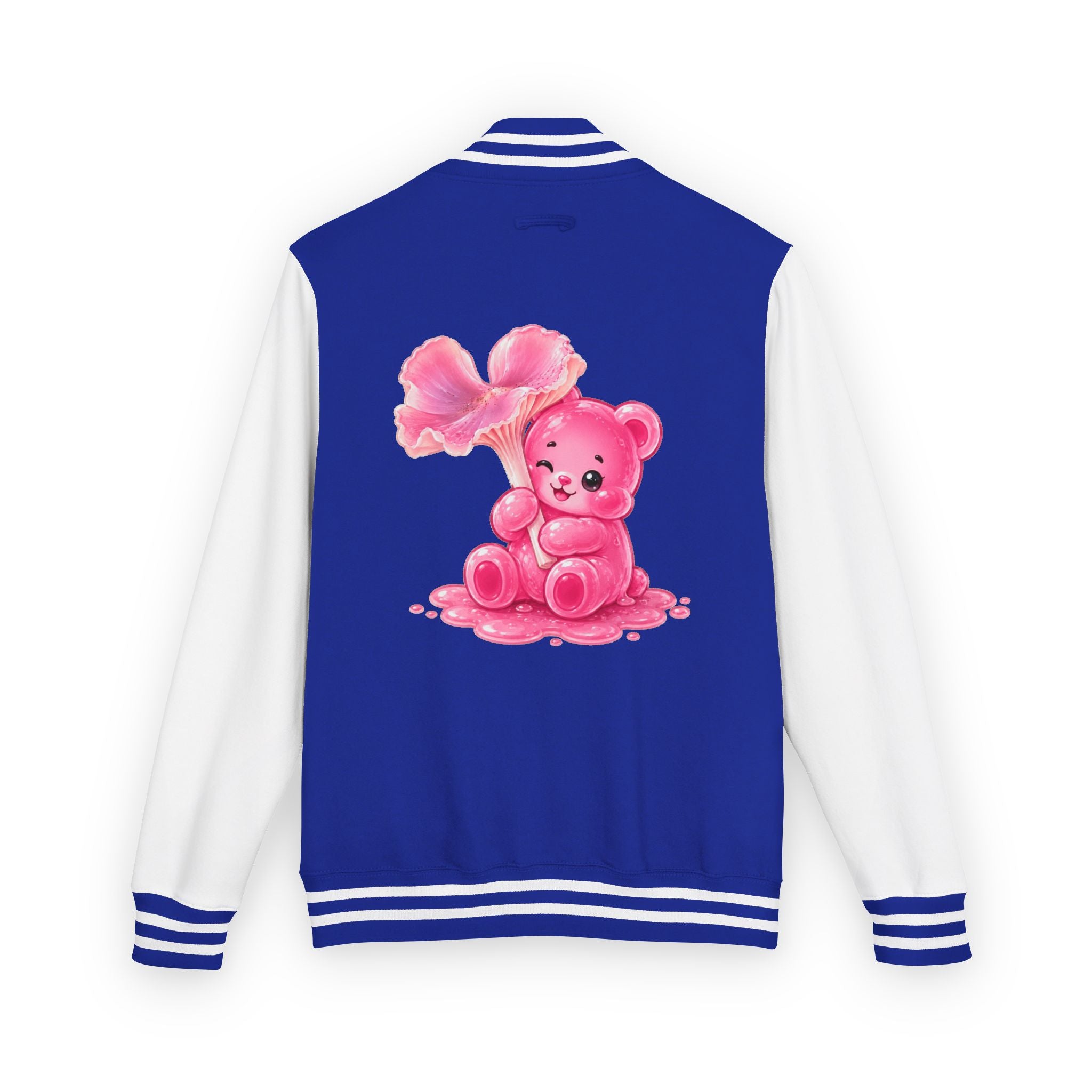 Pink Wax Cap Mushroom, Gooey Gummy Bear Friend — Kawaii Graphic Varsity Jacket