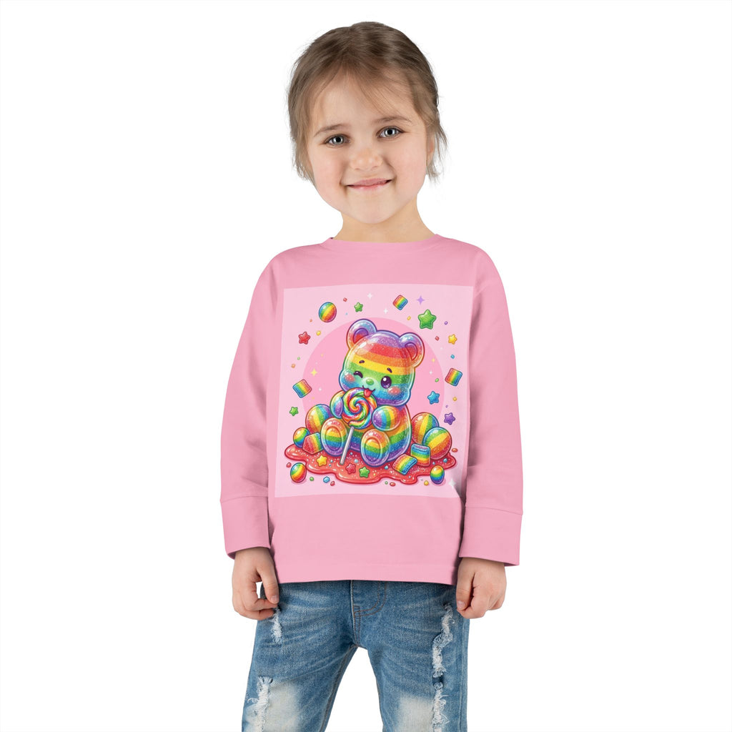 Rainbow Stripe Oozy Bear Gummy Special- Kids Graphic Long Sleeve Shirt