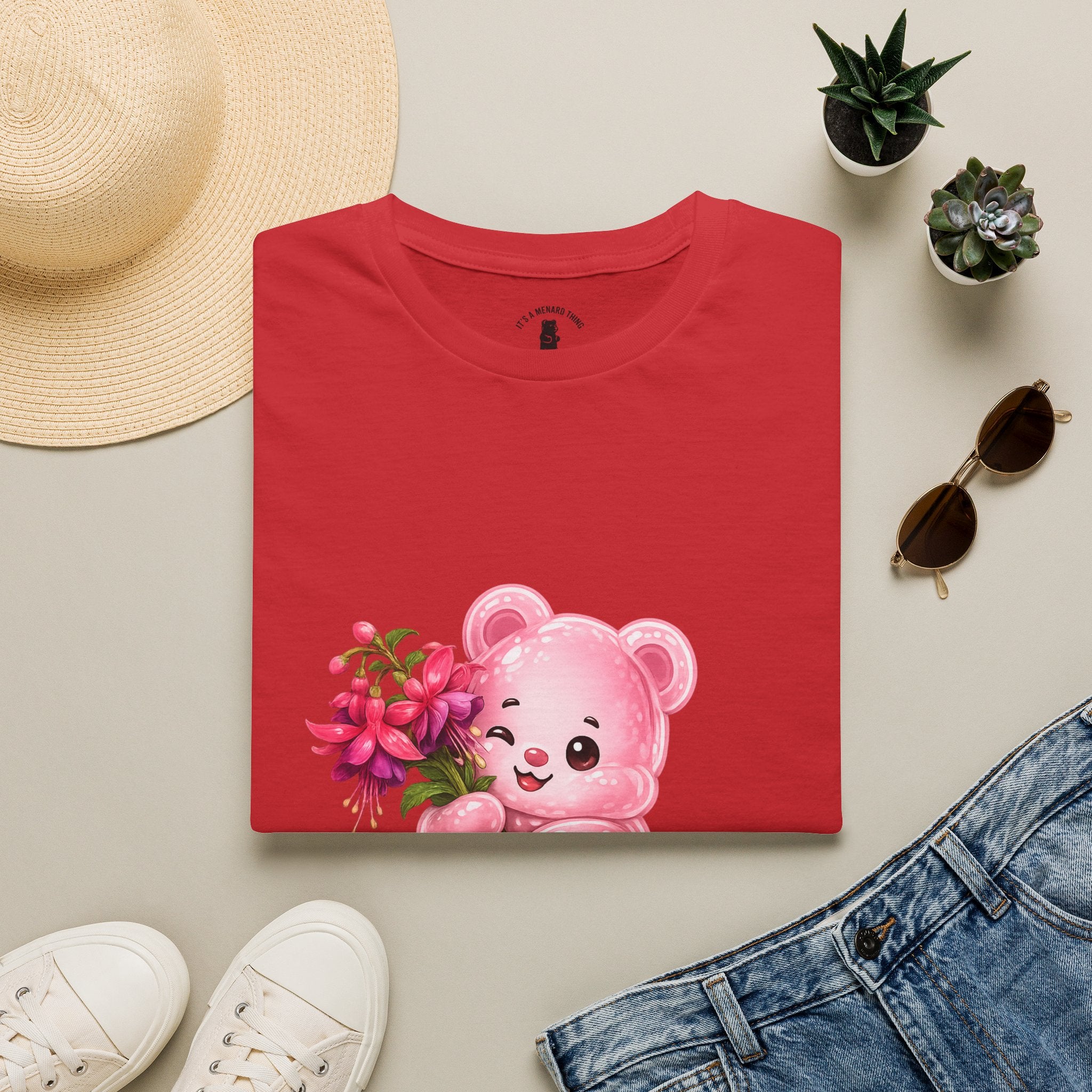 Tropical Pink Flowers, Pretty Pale Oozy Bear Friend- Graphic Shirt