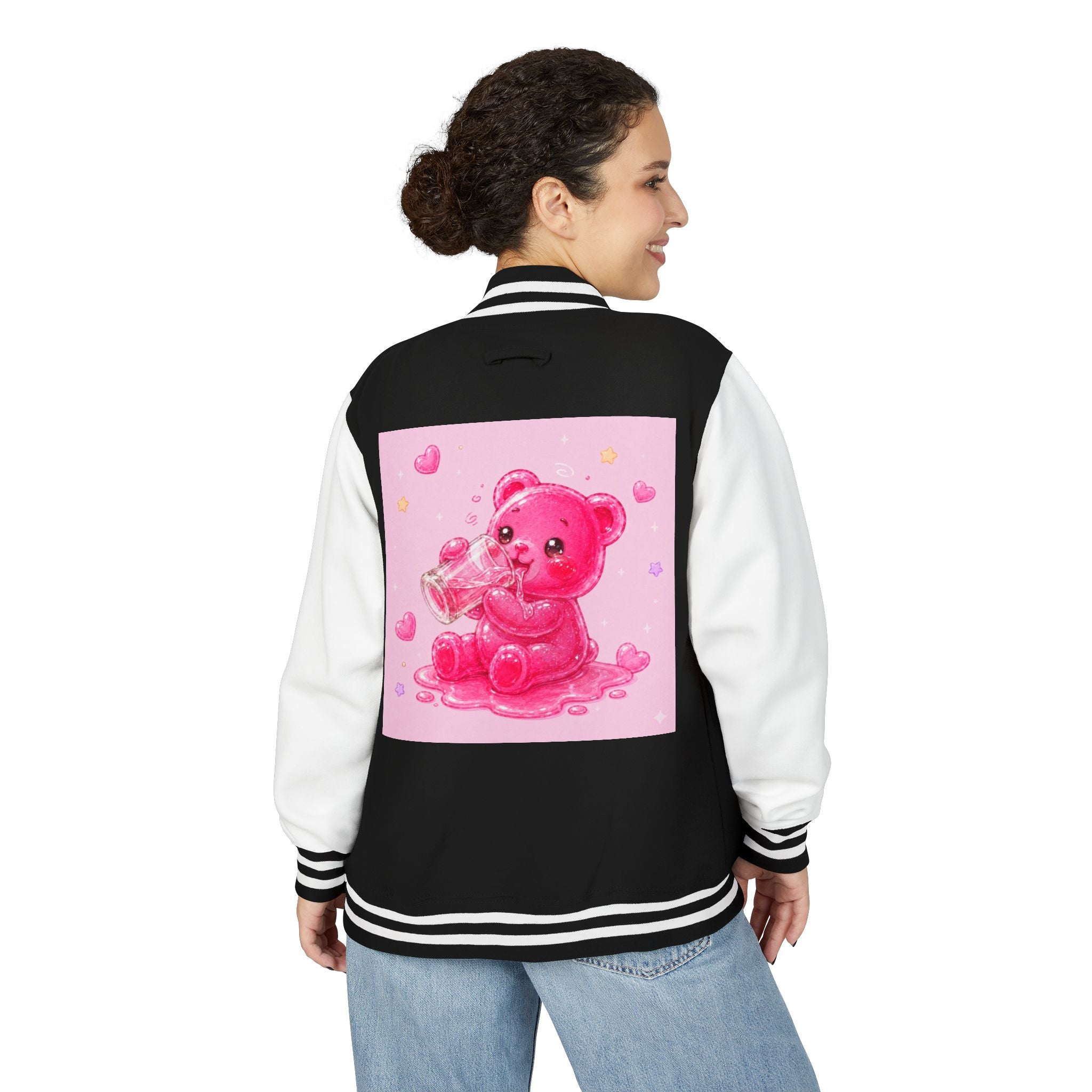 Pink Sugar Shock Shot! Boozy Gooey Gummy Bear — Kawaii Graphic Varsity Jacket