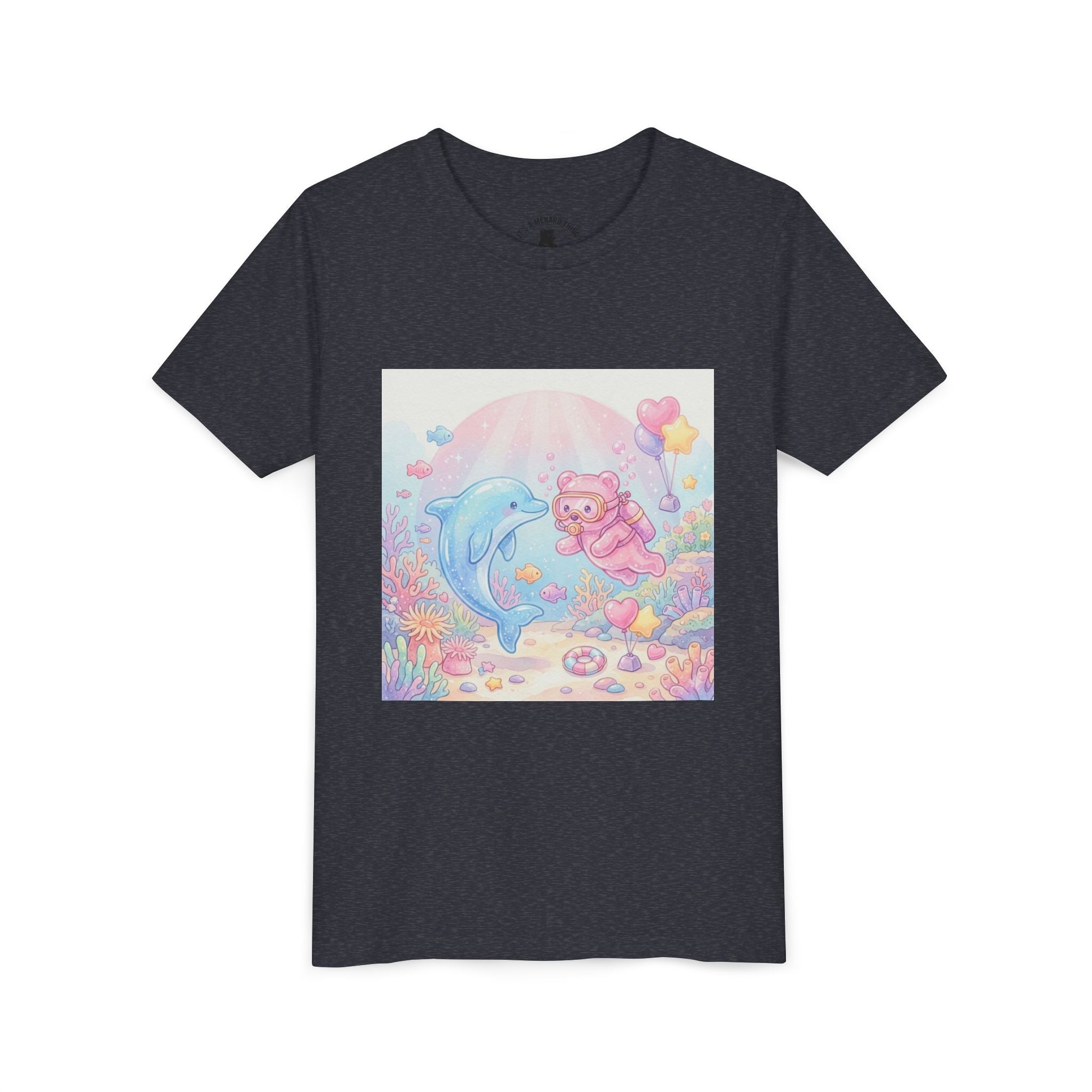 Dolphin & Pink Gooey Gummy Bear Underwater Tee — Pastel Ocean Animal Graphic Shirt
