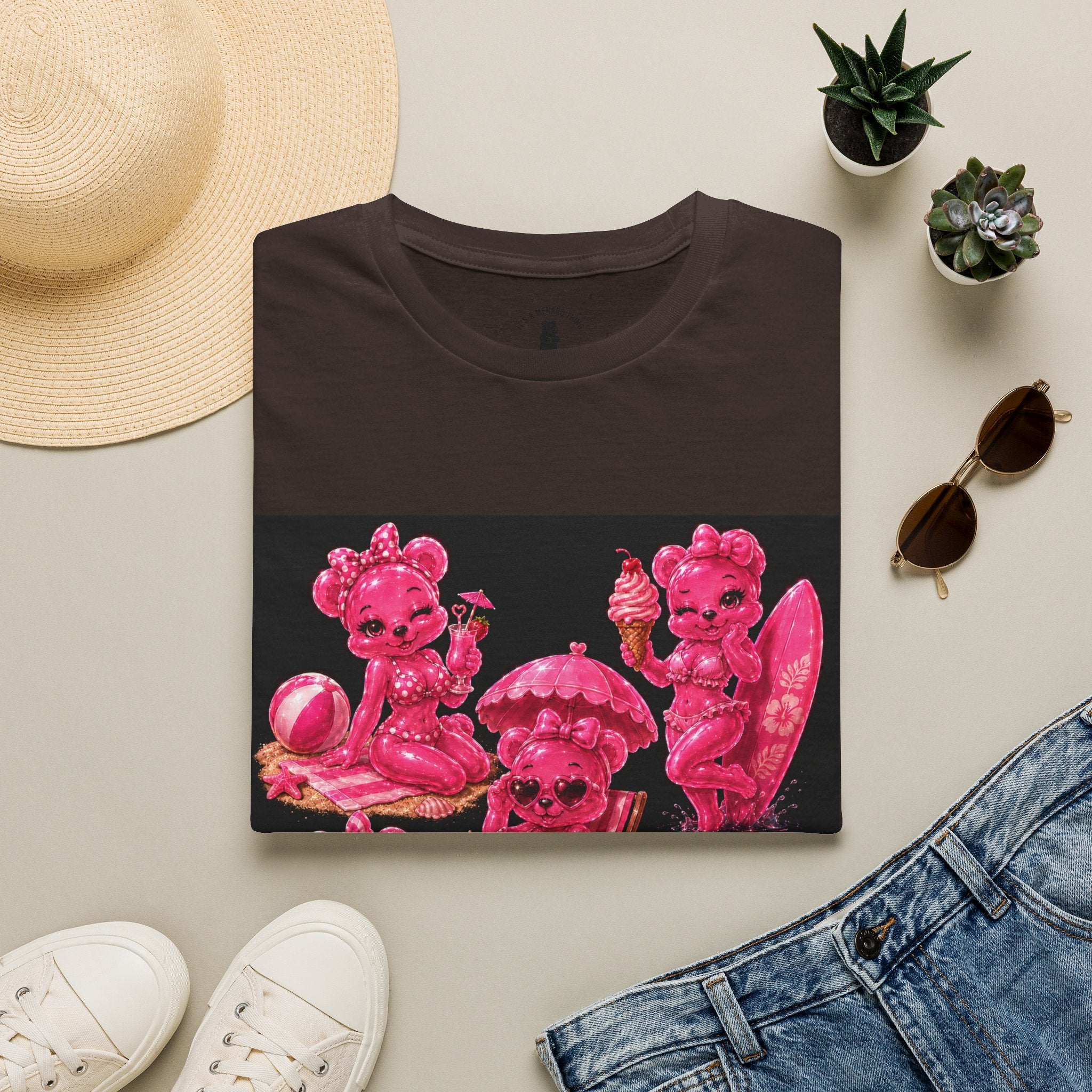 Retro Pink Pin Up Beach Oozy Bear Babe Gummy- Adult Graphic Shirt (+18)