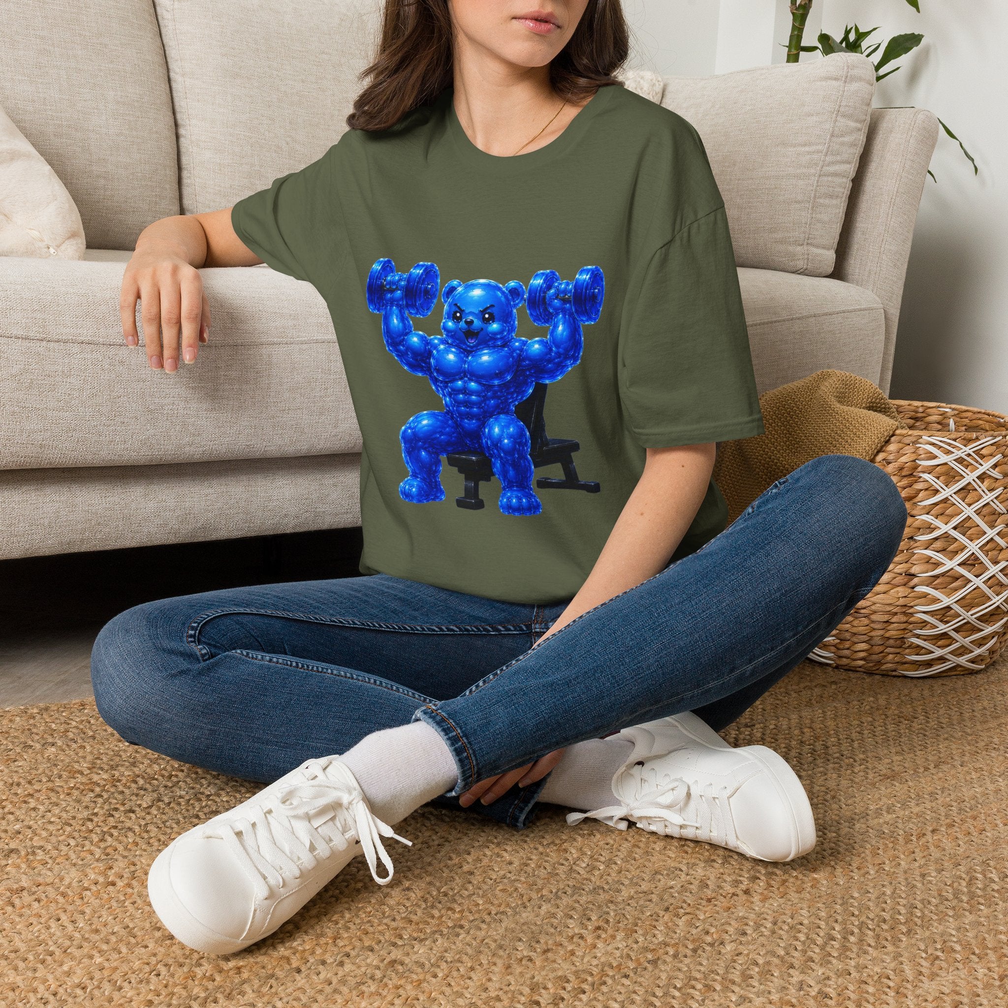 Working out with Bar Bells, Oozy Buff Bear Gummy Special Gym Addition- Adult Graphic Shirt