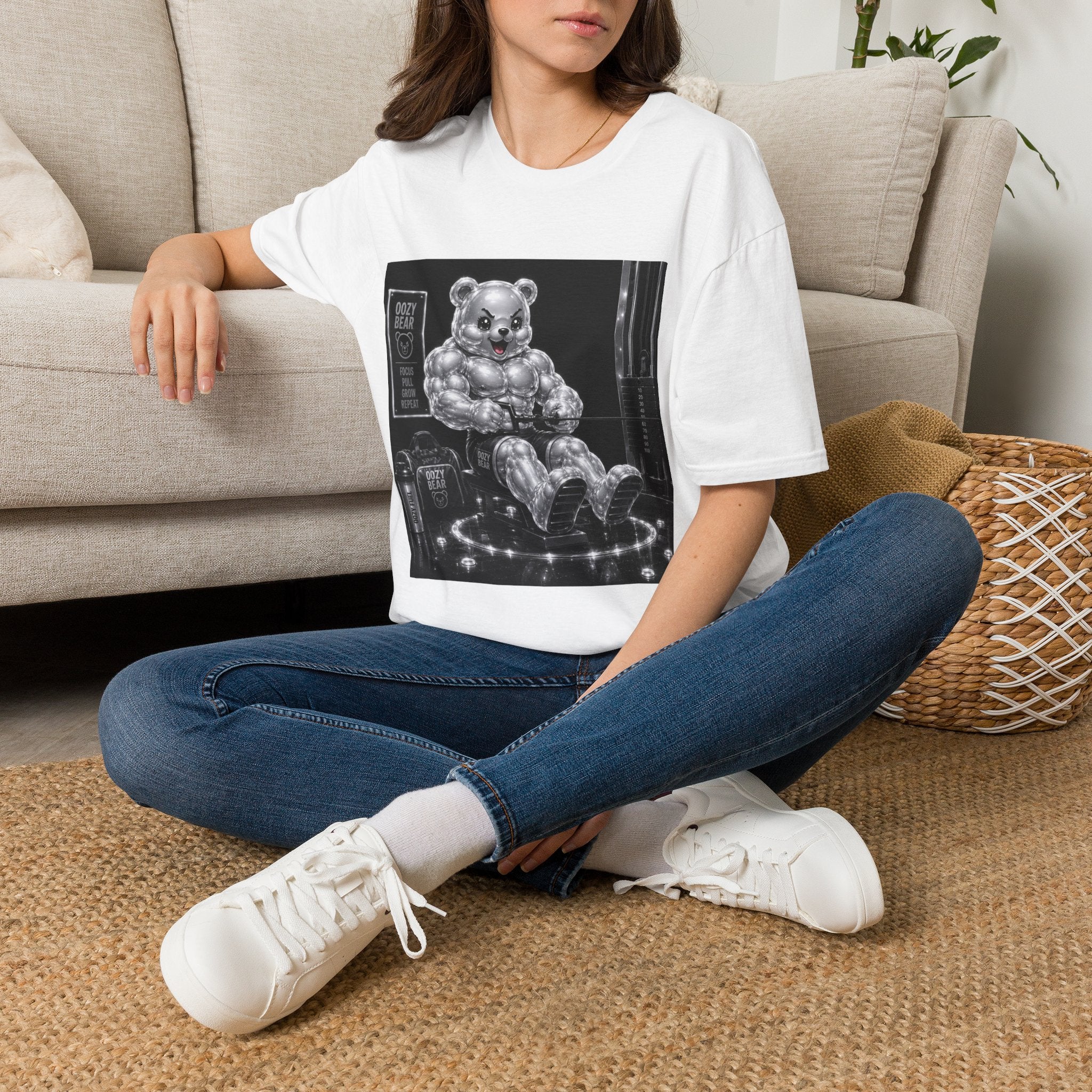 Working on the Bench, Silver Oozy Buff Bear Gummy Gym Addition- Adult Graphic Shirt