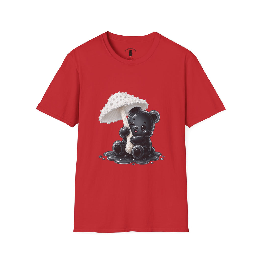 Beautiful Veiled White Mushroom, Black Oozy Bear Gummy Friend- Graphic Shirt