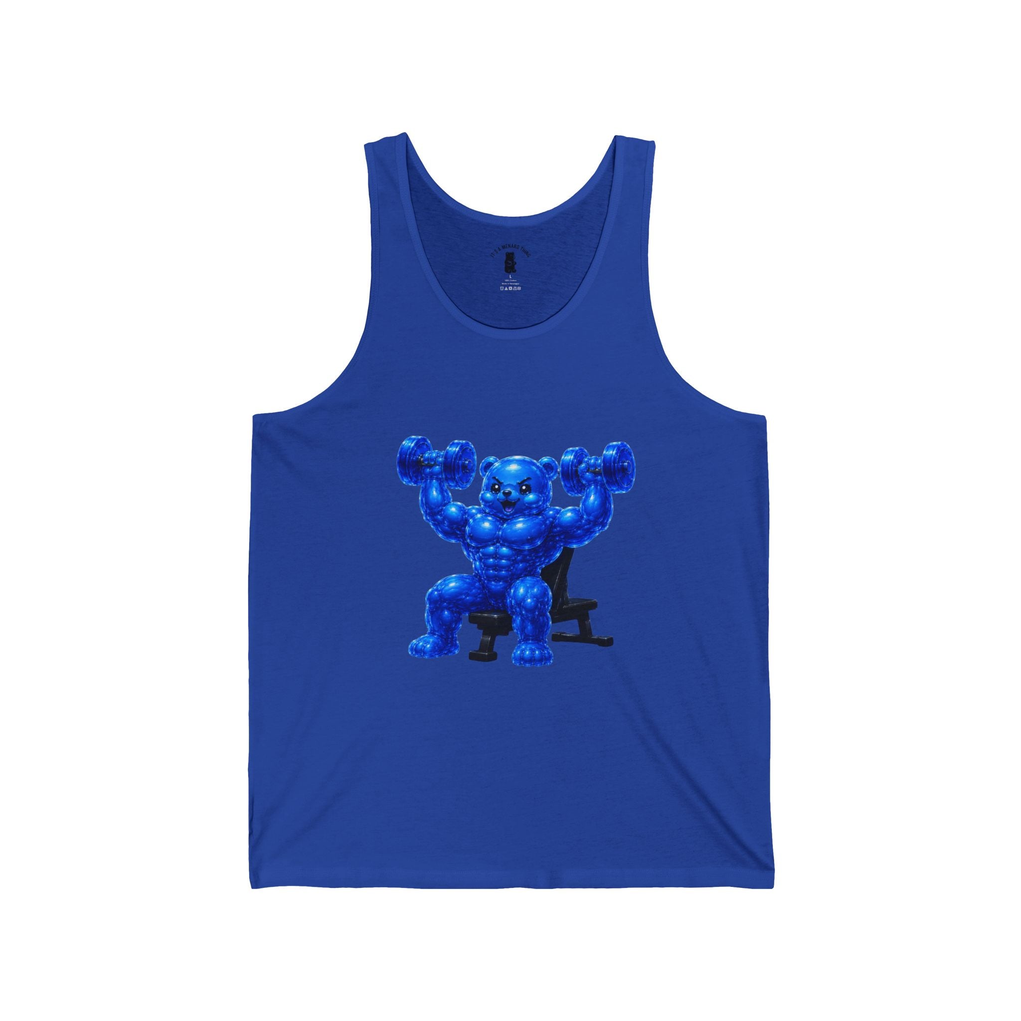 Weight Lifting, Deep Blue Oozy Buff Bear Gummy Gym Addition- Adult Graphic Tank Top