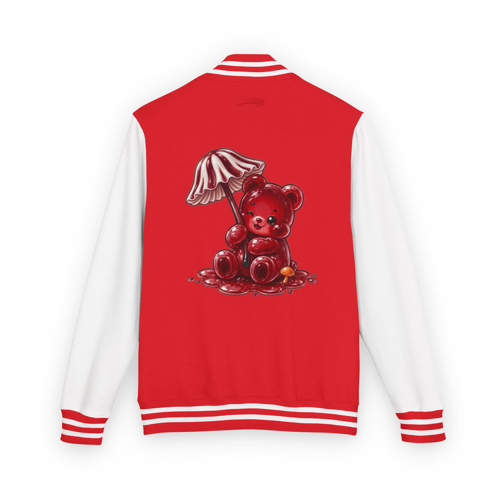 Red Stripped Mushroom Umbrella, Oozy Bear Gummy- Letterman Graphic Jacket