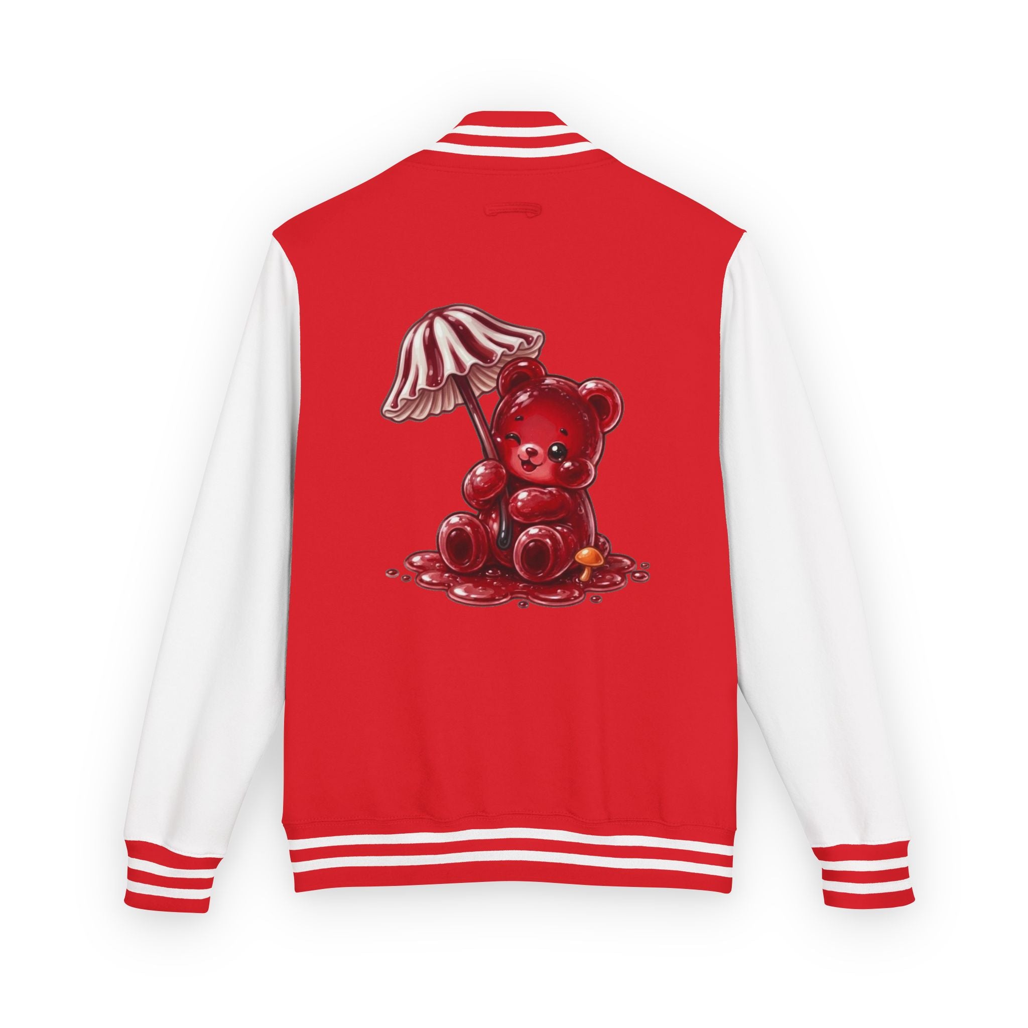 Red Stripped Mushroom Umbrella, Oozy Bear Gummy- Letterman Graphic Jacket