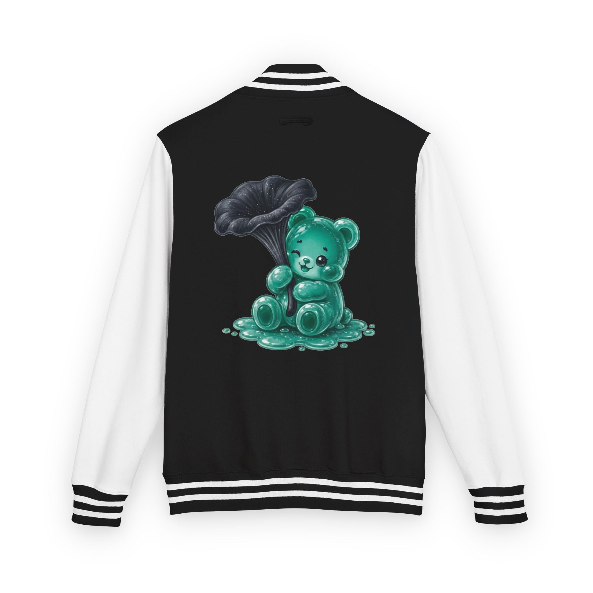 Black Trumpet Mushroom, Teal Oozy Bear Gummy Friend- Letterman Graphic Jacket