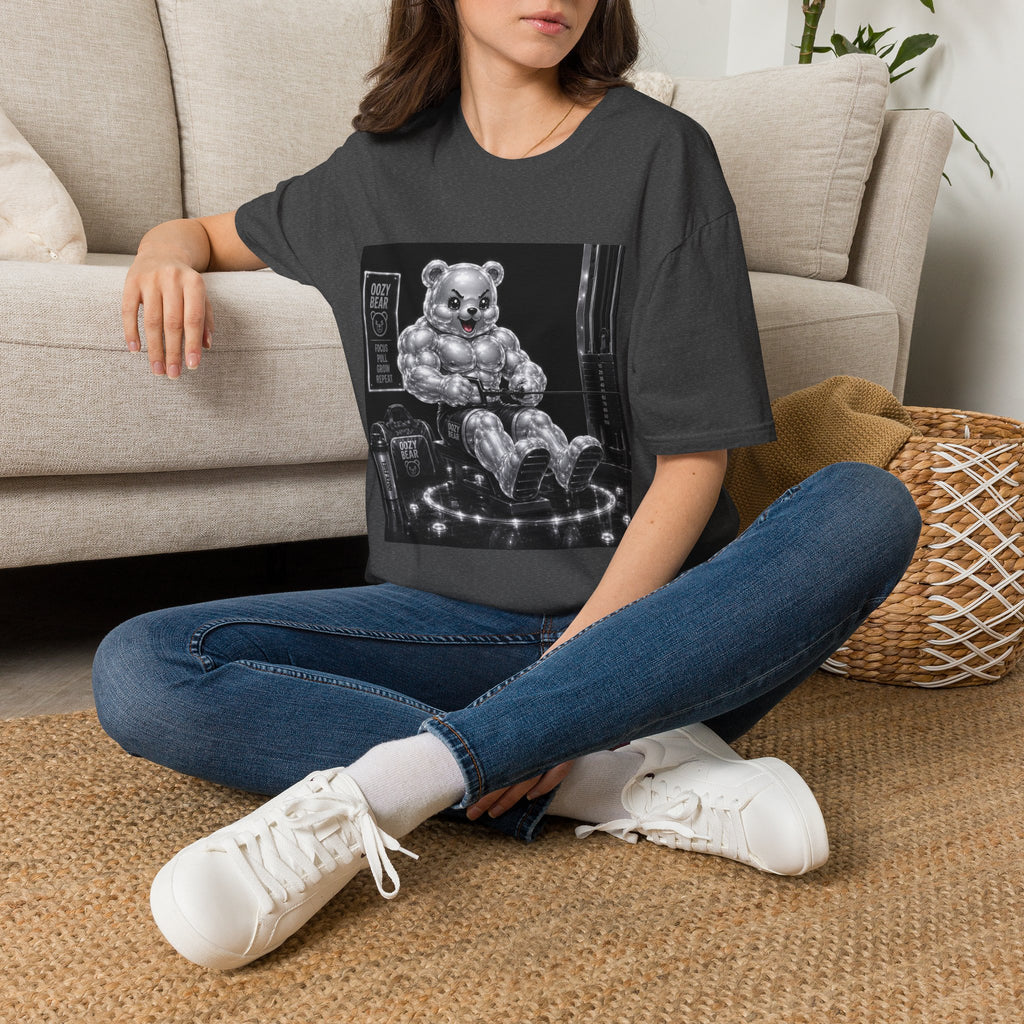 Working on the Bench, Silver Oozy Buff Bear Gummy Gym Addition- Adult Graphic Shirt