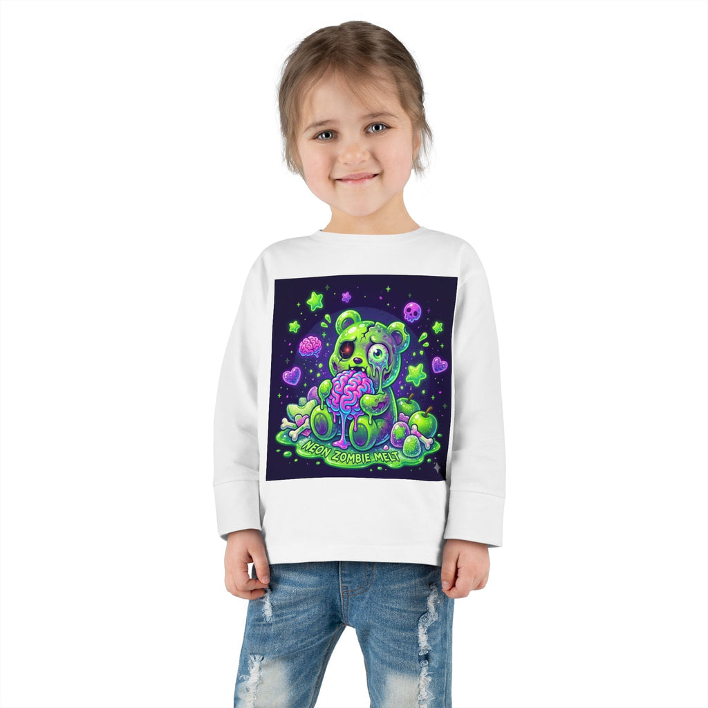 Neon Zombie Oozy Bear Gummy Halloween Addition- Kids Graphic Long Sleeve Shirt