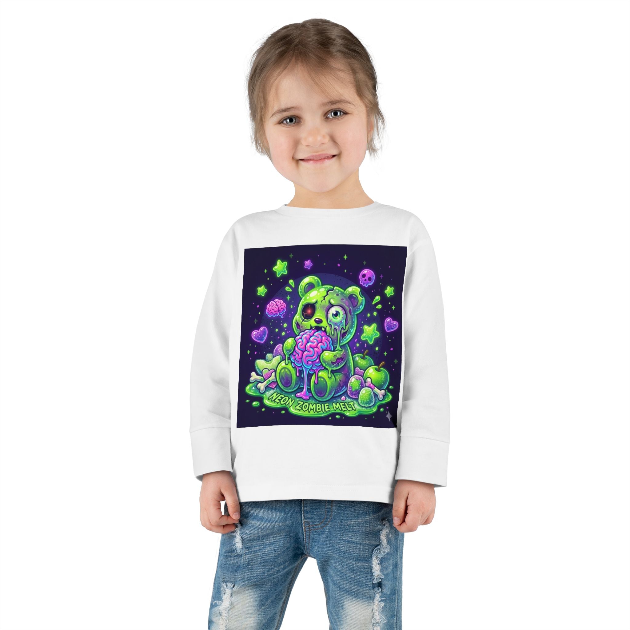 Neon Zombie Oozy Bear Gummy Halloween Addition- Kids Graphic Long Sleeve Shirt