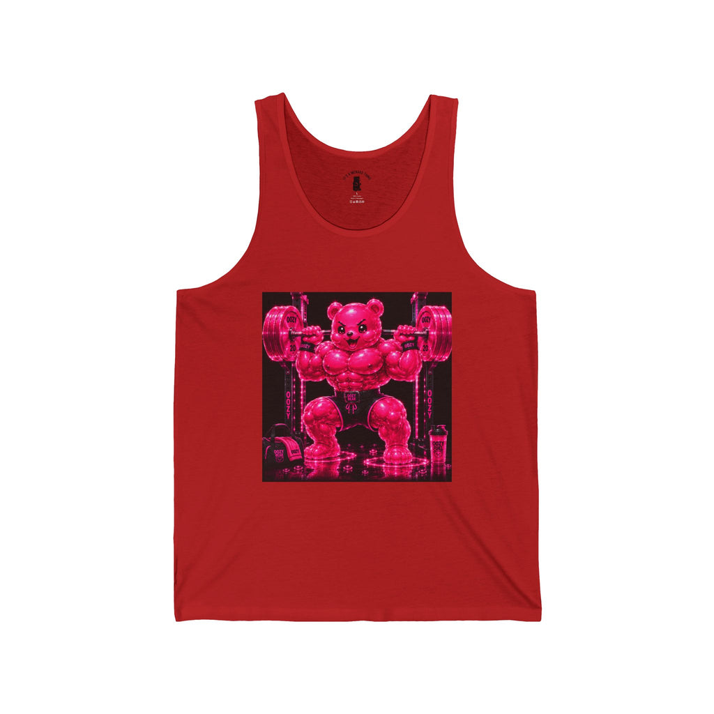 Working Out with Heavy Barbell, Pink Oozy Buff Bear Gummy Gym Addition- Adult Graphic Tank Top
