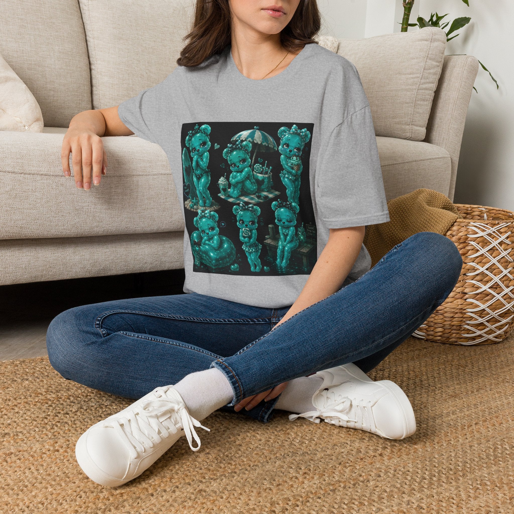 Kawaii Shy Teal Beach Babe Oozy Bear Gummy Pin Up- Adult Graphic Shirt (18+)
