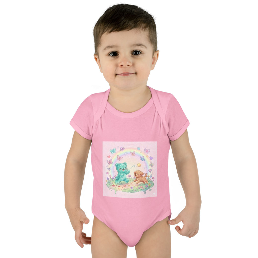 Gooey Gummy Playing Fetch with Puppy, Cute Infant Onesie