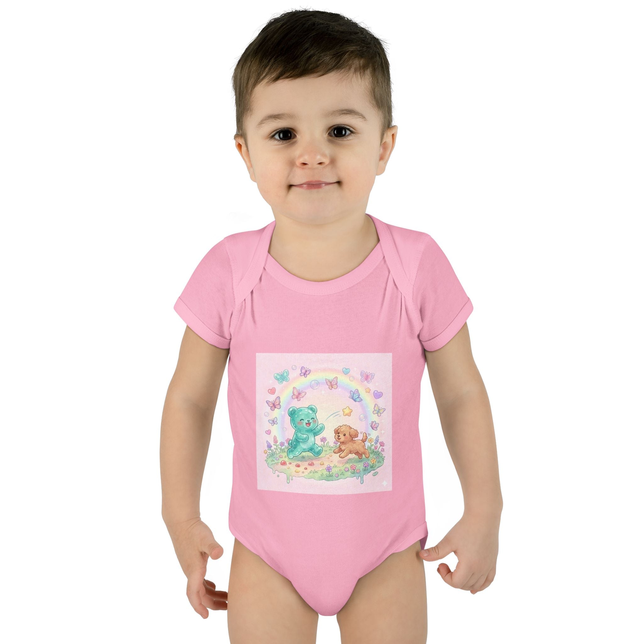Gooey Gummy Playing Fetch with Puppy, Cute Infant Onesie
