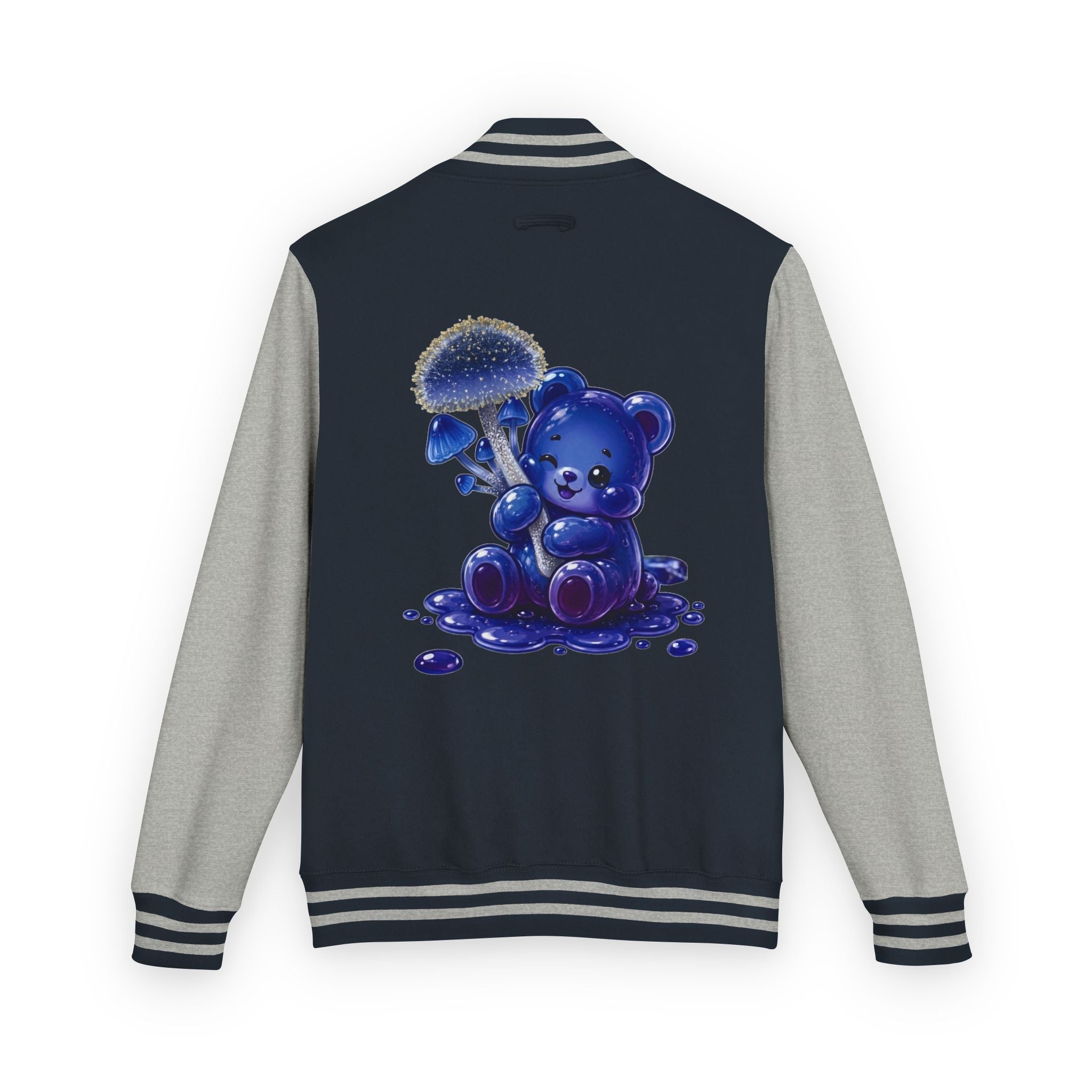 Sparkling Blue Mushroom Cluster, Oozy Bear Friends- Letterman Graphic Jacket