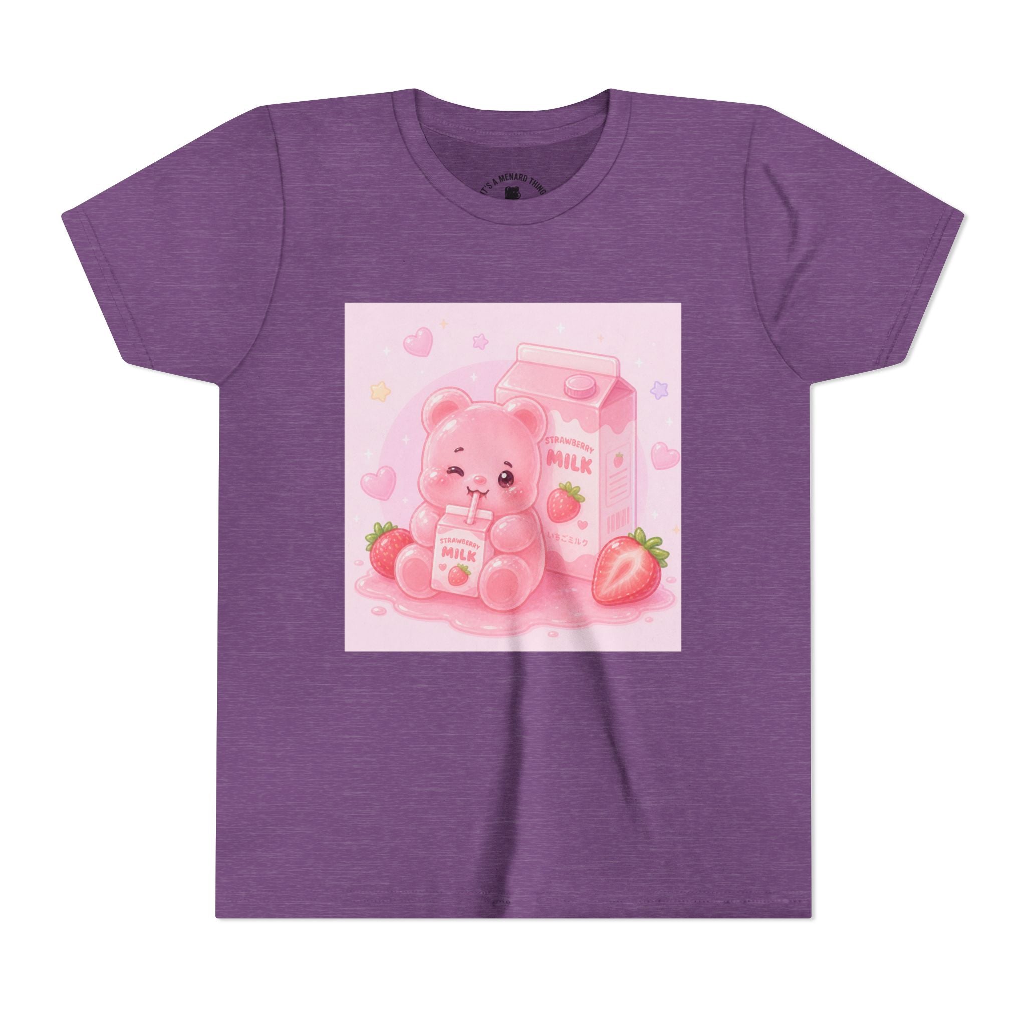 Kids' Pink Strawberry Milk Gooey Gummy Bear— Cute Youth Short Sleeve Shirt