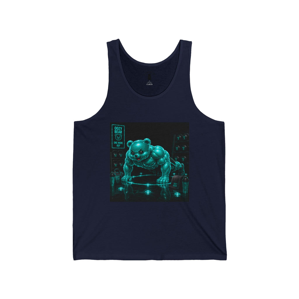 Doing Push Ups, Working Out Teal Oozy Buff Bear Gummy- Adult Graphic Tank Top