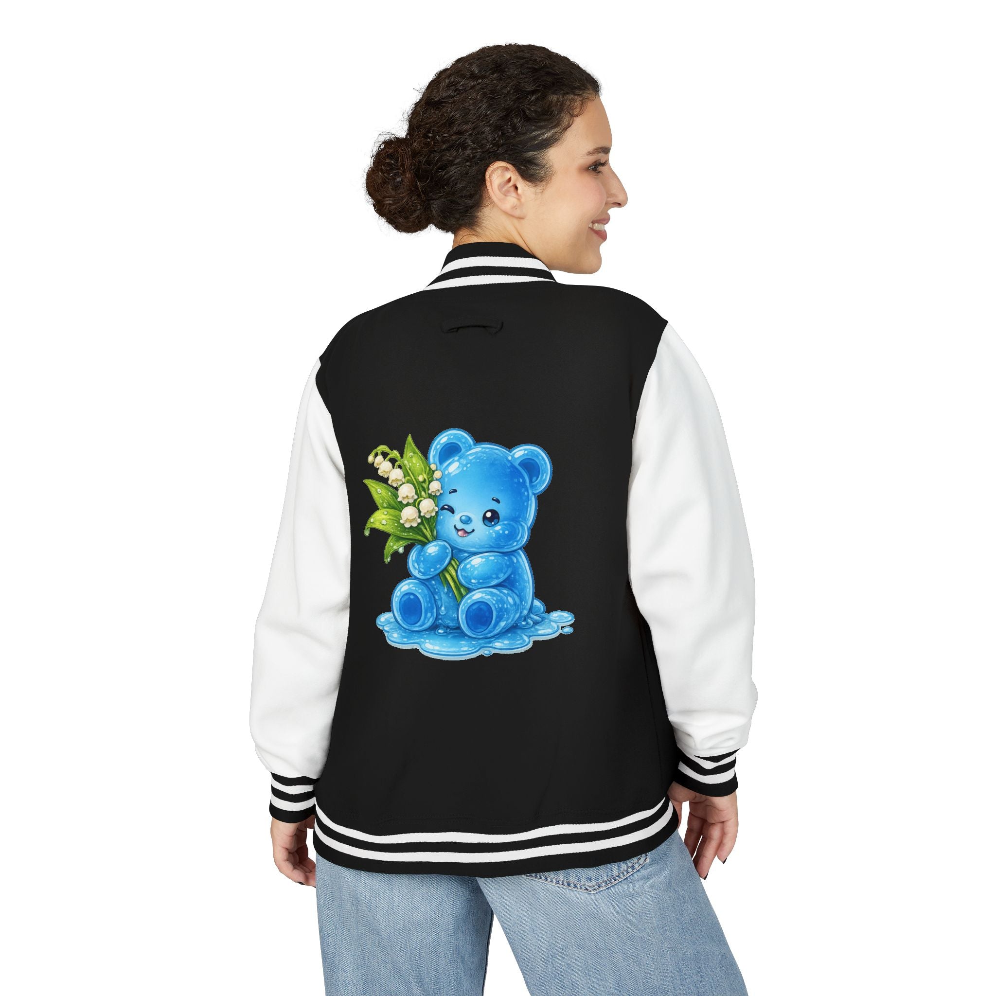 Lilies Of The Valley, Blue Gooey Gummy Bear- Kawaii Graphic Varsity Jacket