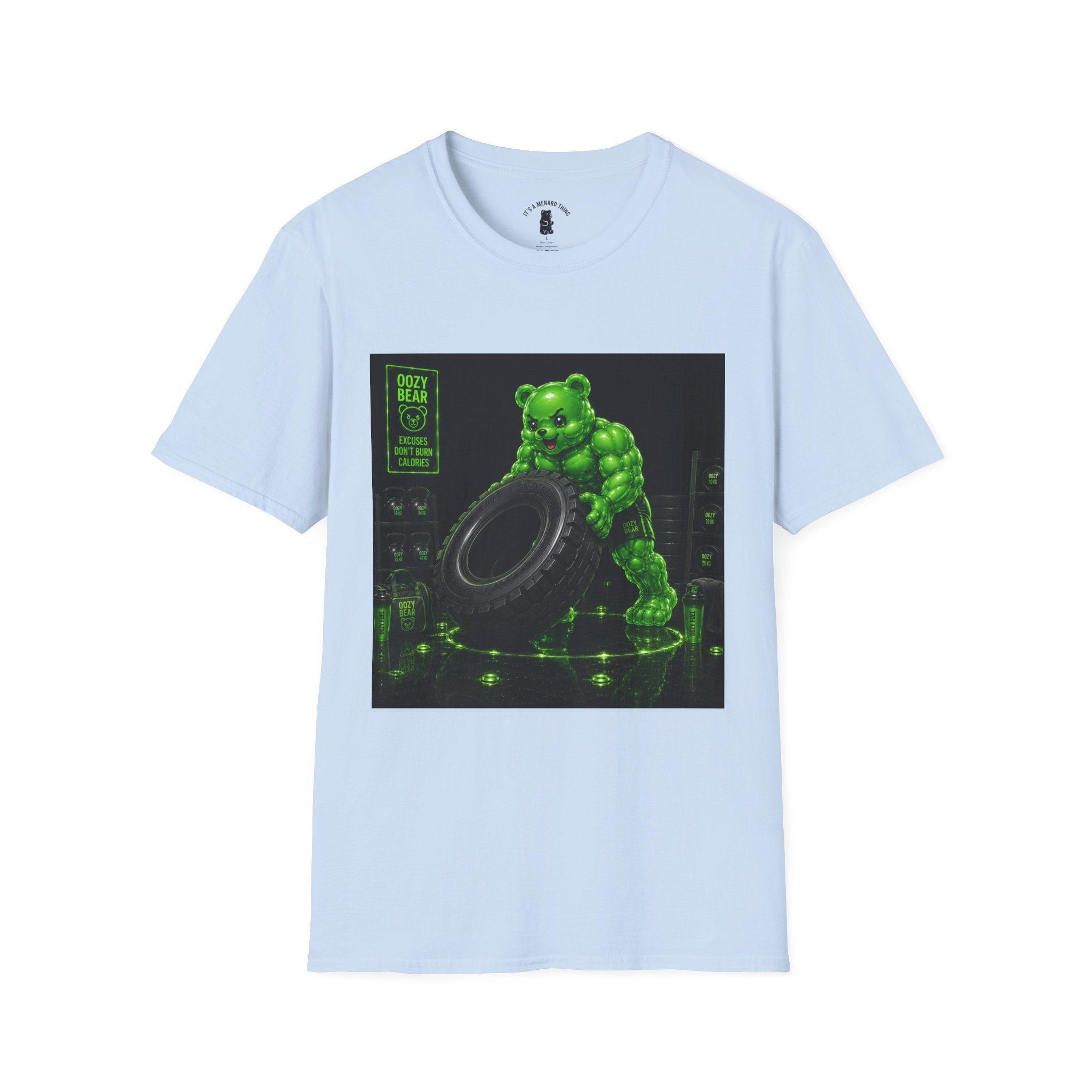 Tire Flipping Work Out, Emerald Oozy Buff Bear Gym Addition- Adult Graphic Shirt