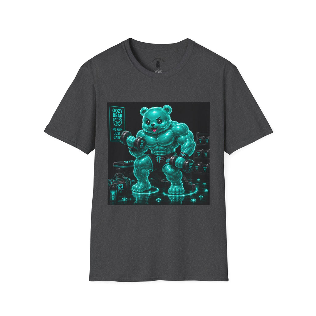 Working Out, Teal Oozy Buff Bear Gummy Gym Addition- Adult Graphic Shirt