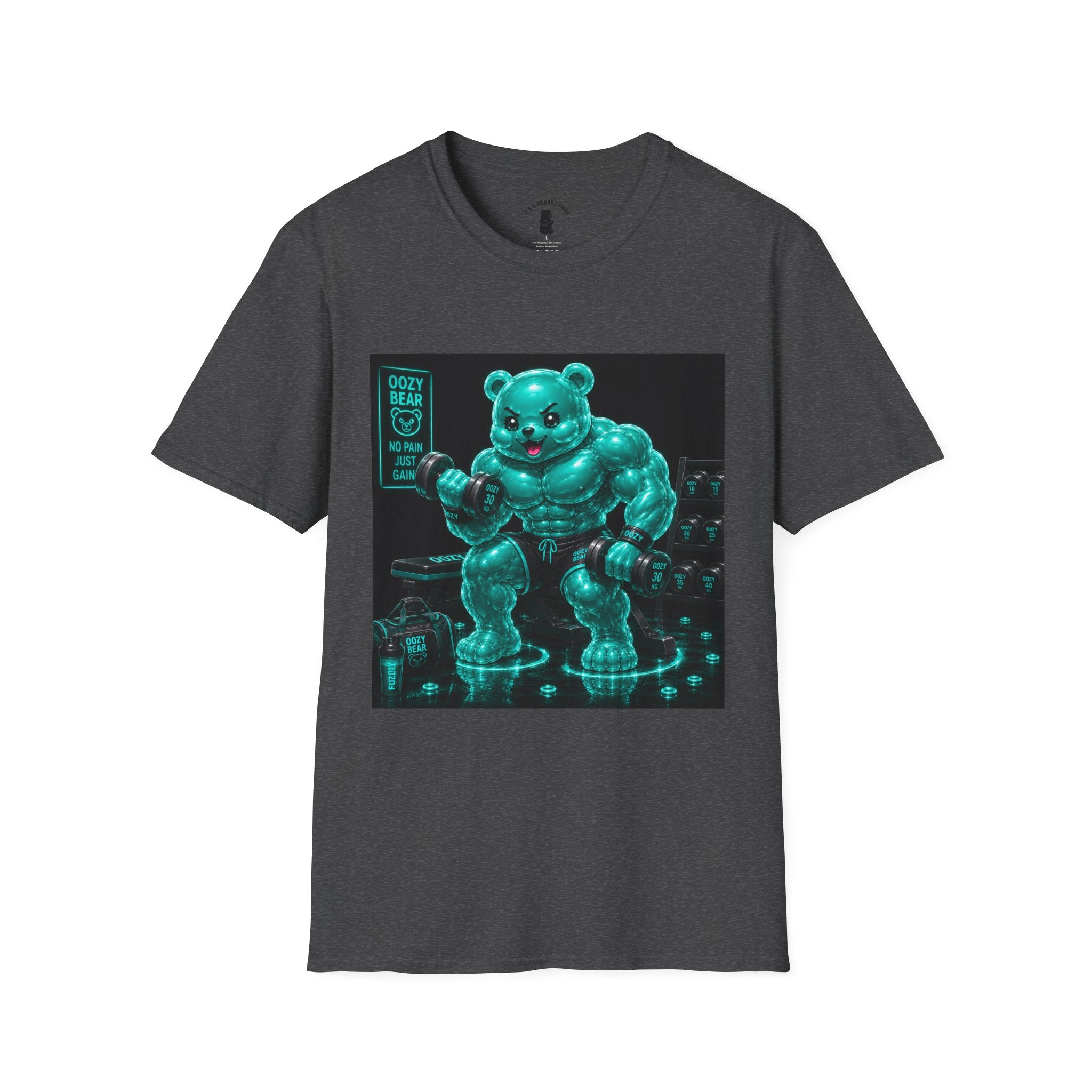 Working Out, Teal Oozy Buff Bear Gummy Gym Addition- Adult Graphic Shirt