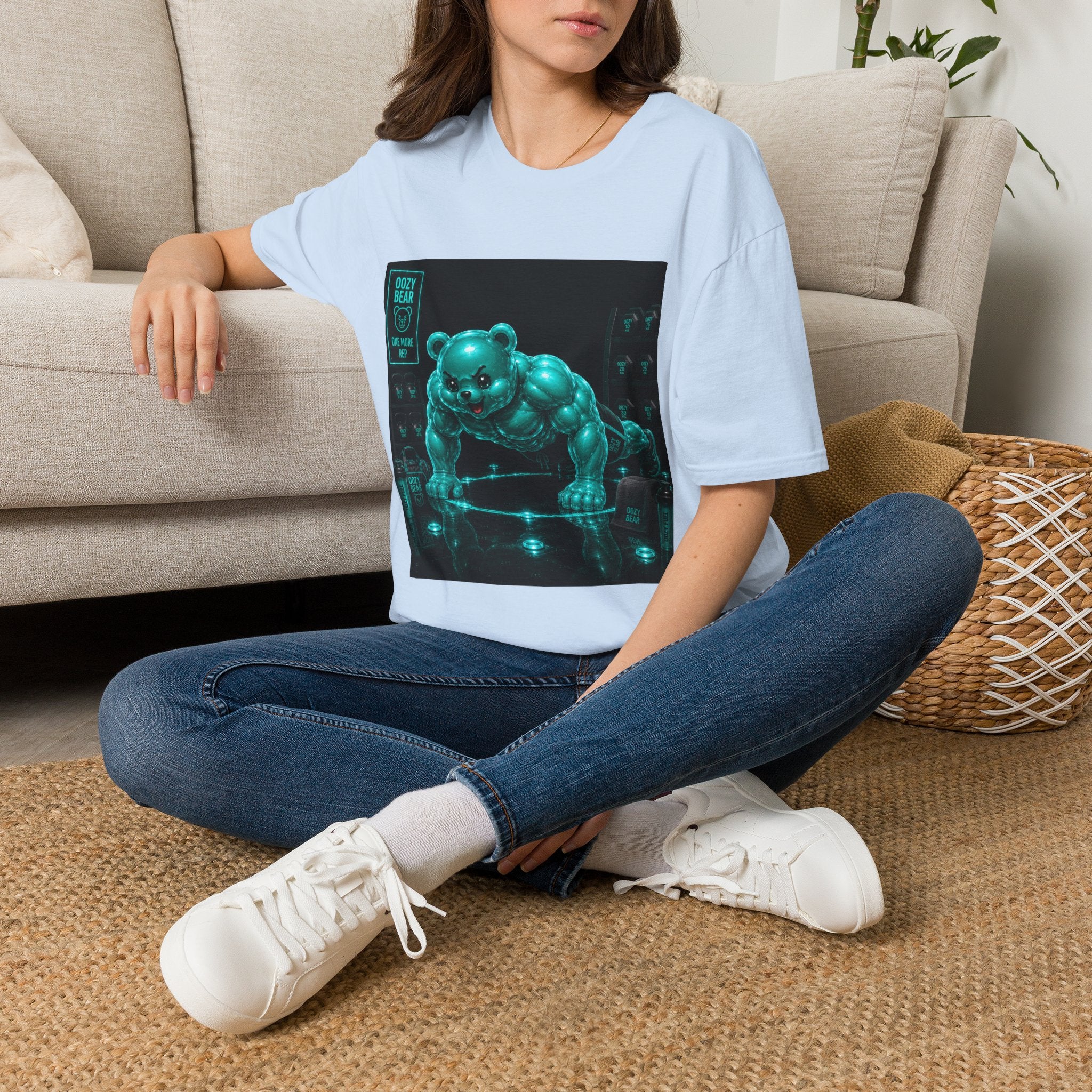Neon Fitness Push Ups, Teal Oozy Buff Bear Gummy Gym Addition- Adult Graphic Shirt