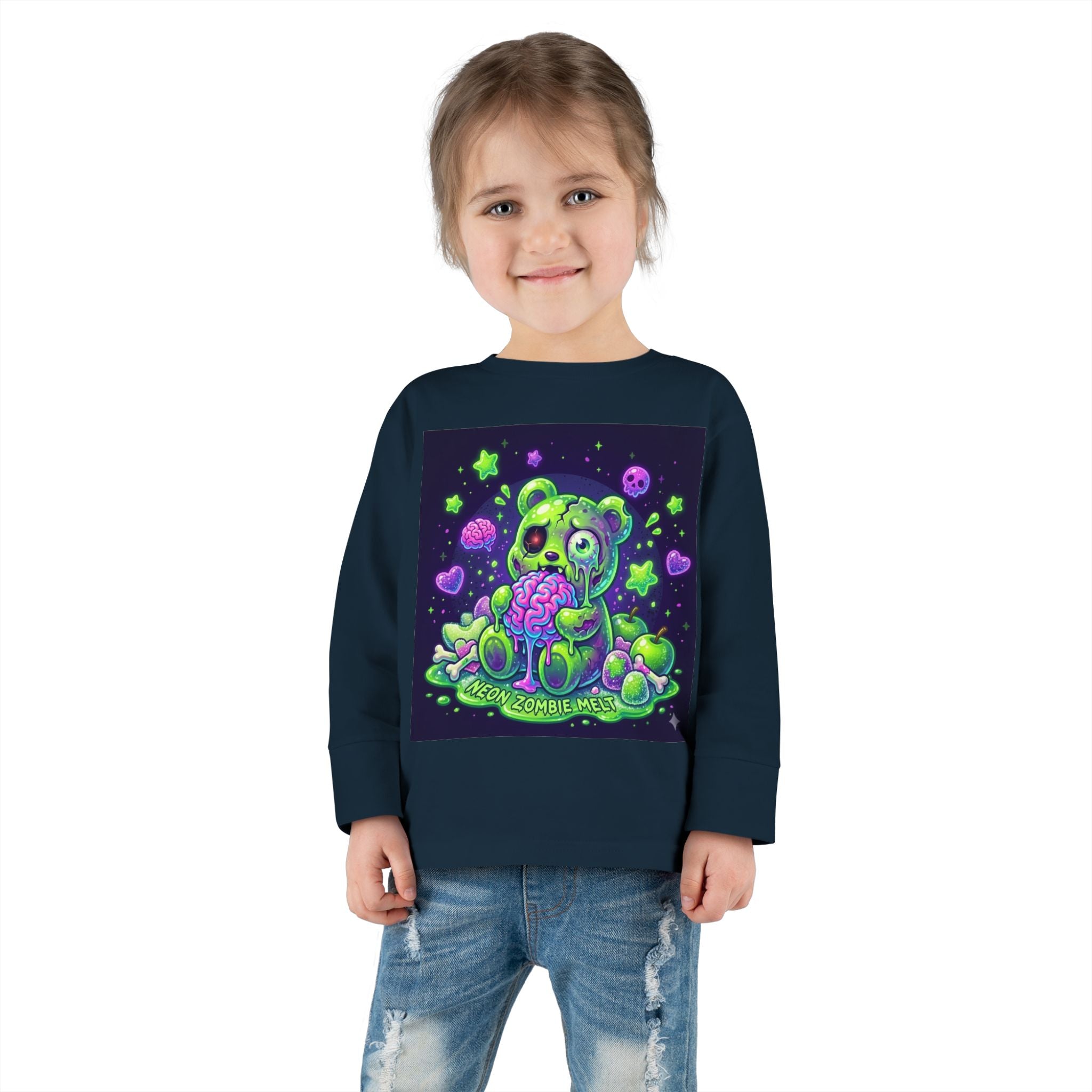 Neon Zombie Oozy Bear Gummy Halloween Addition- Kids Graphic Long Sleeve Shirt
