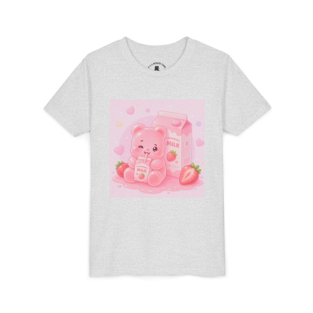 Kids' Pink Strawberry Milk Gooey Gummy Bear— Cute Youth Short Sleeve Shirt