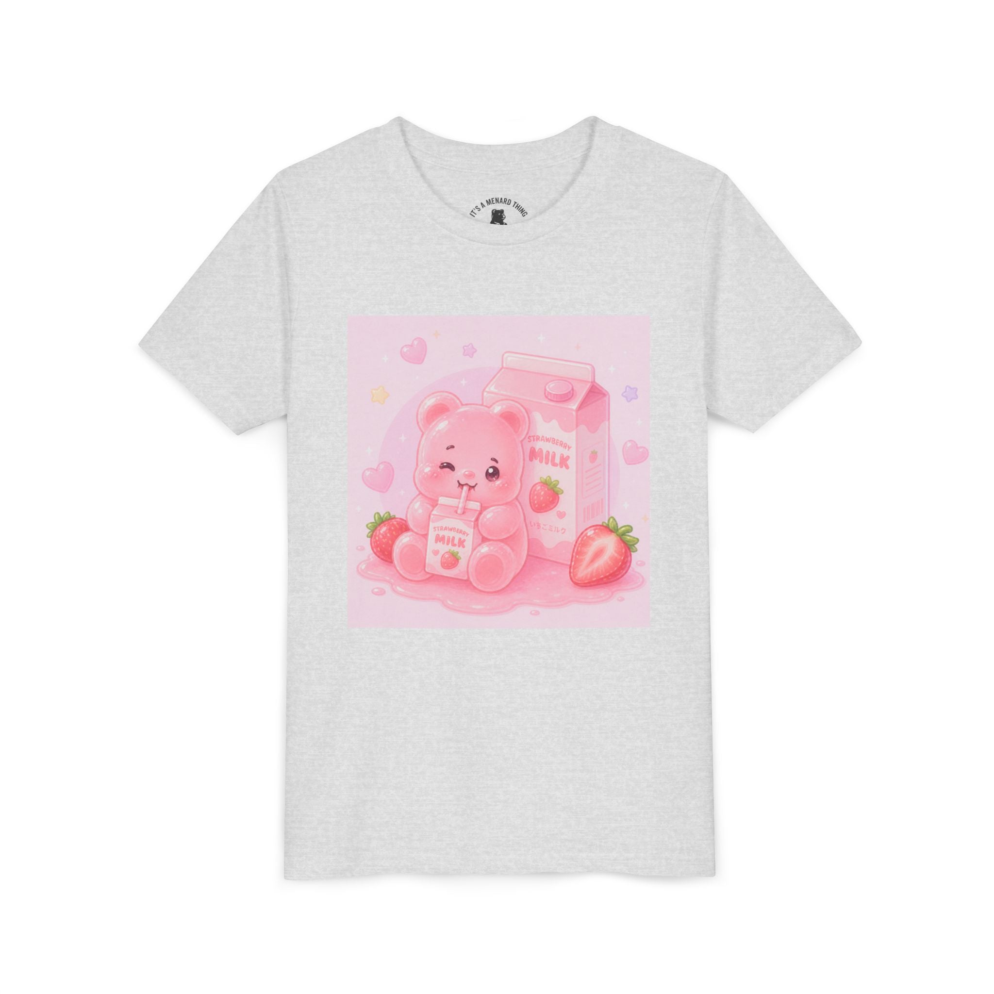 Kids' Pink Strawberry Milk Gooey Gummy Bear— Cute Youth Short Sleeve Shirt