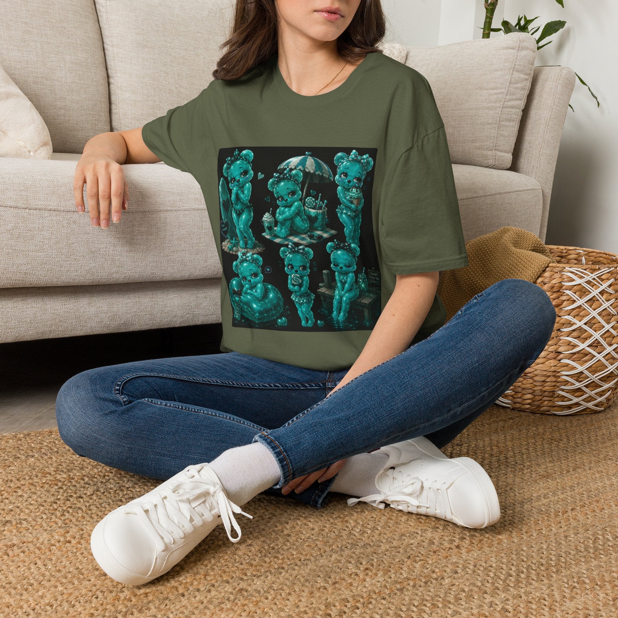 Kawaii Shy Teal Beach Babe Oozy Bear Gummy Pin Up- Adult Graphic Shirt (18+)