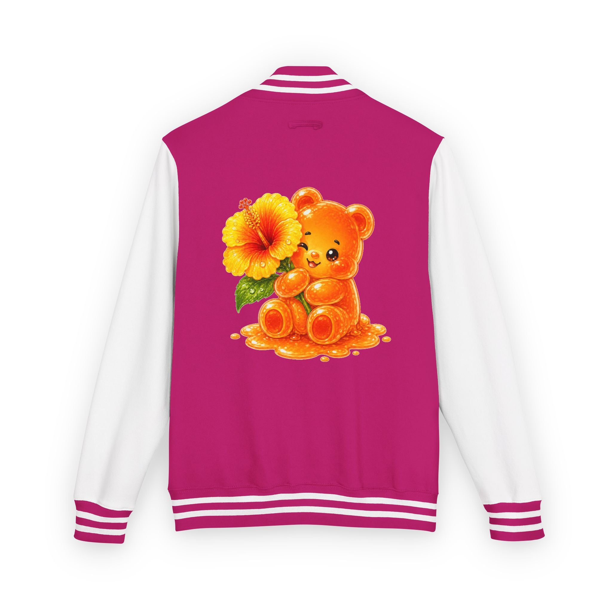 Golden Hibiscus, Yellow Gooey Gummy Bear Friend- Kawaii Varsity Jacket