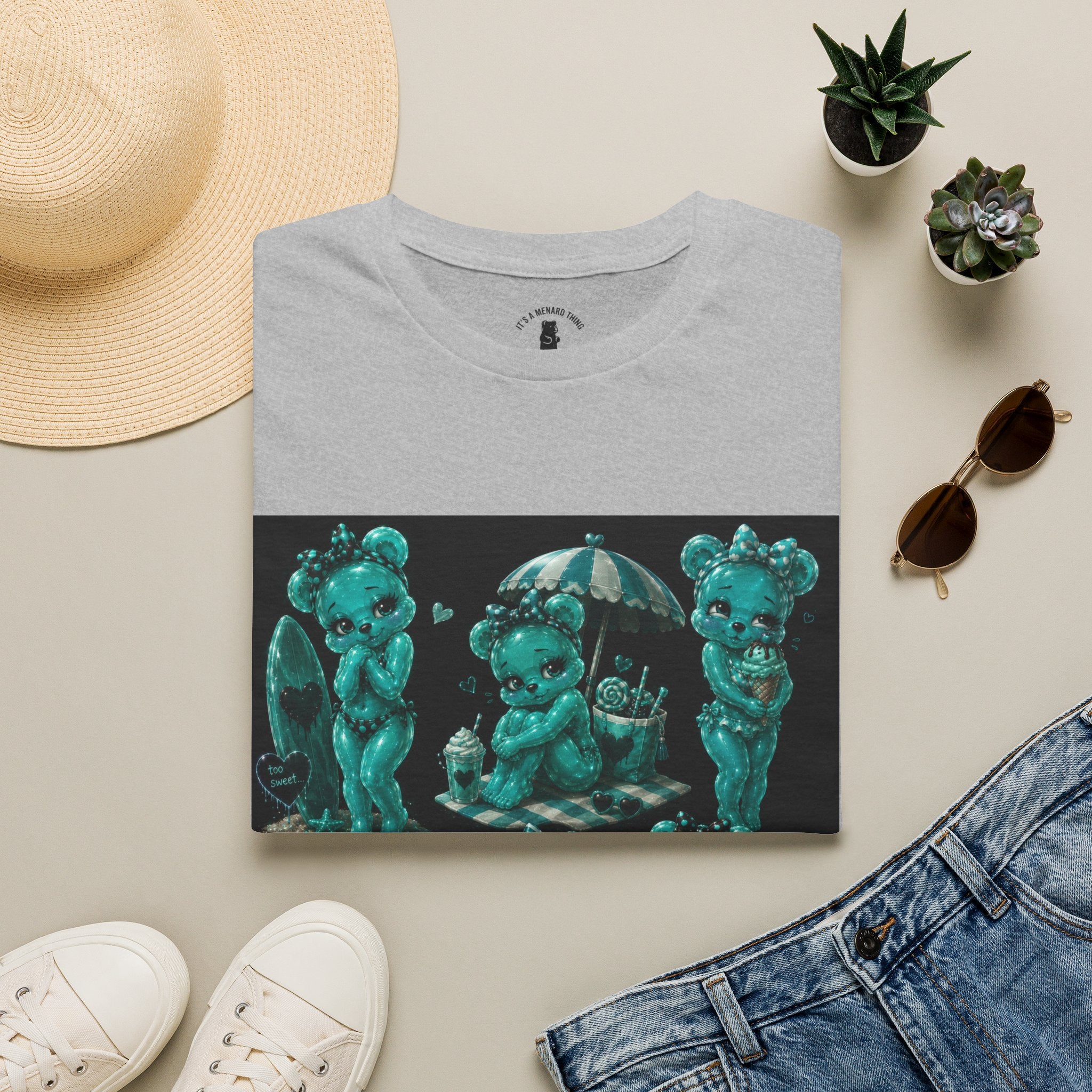 Kawaii Shy Teal Beach Babe Oozy Bear Gummy Pin Up- Adult Graphic Shirt (18+)