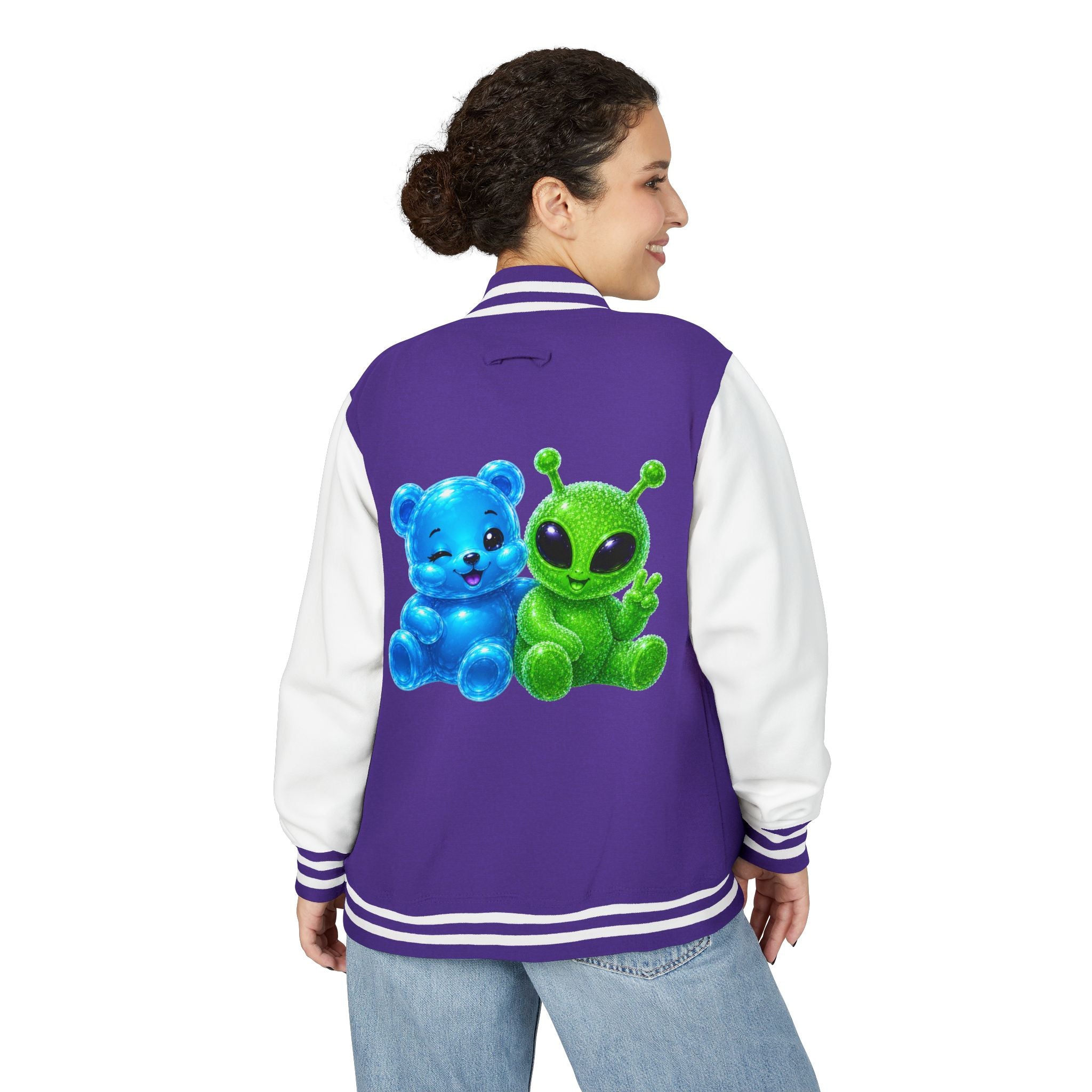 Green Alien and Blue Oozy Bear Gummy Special Addition- Letterman Graphic Jacket