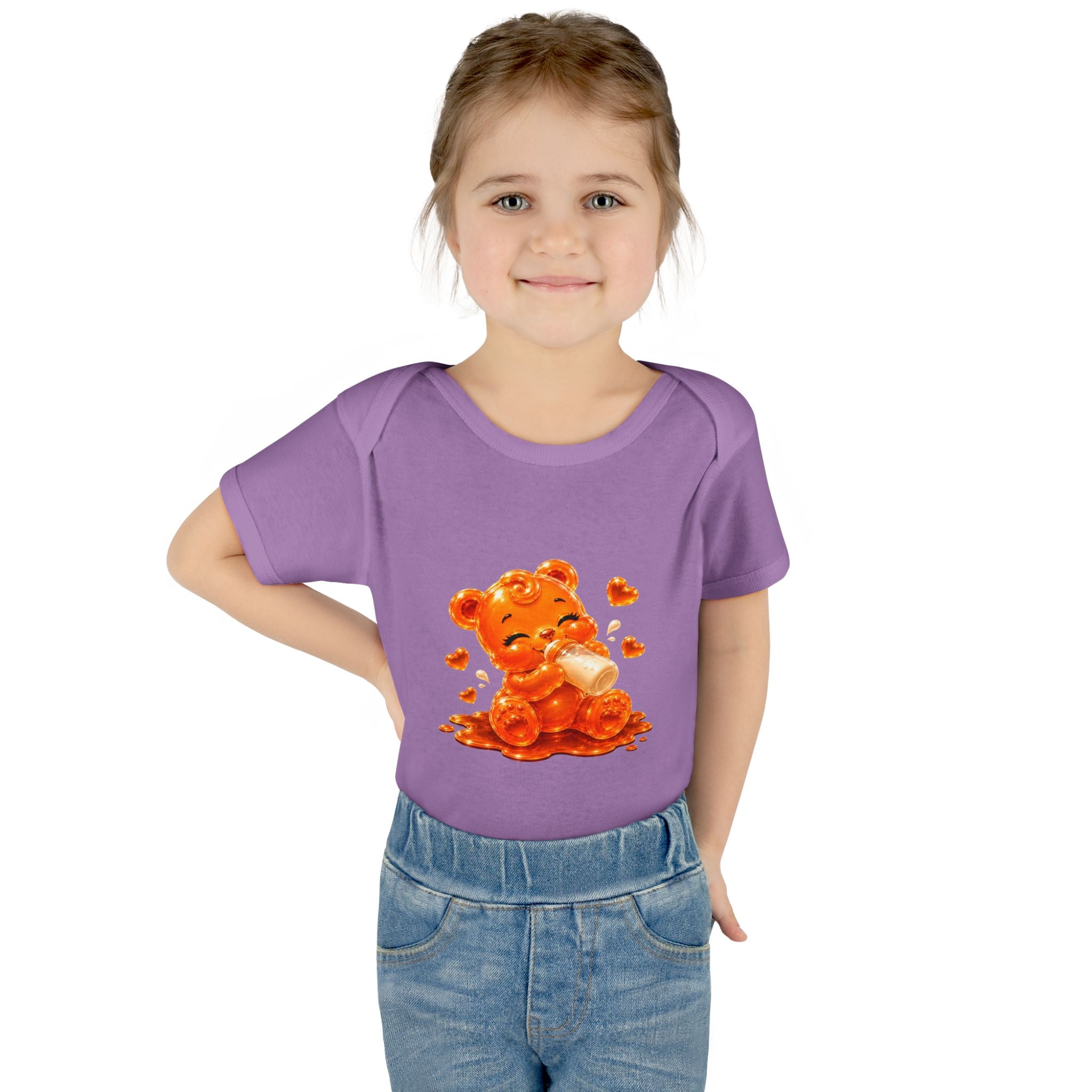 Yummy, Yummy Milk Time Orange Oozy Baby Gummy Bear Cutie Addition- Graphic Onesie