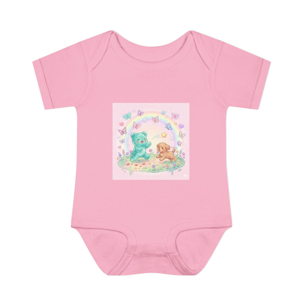Gooey Gummy Playing Fetch with Puppy, Cute Infant Onesie