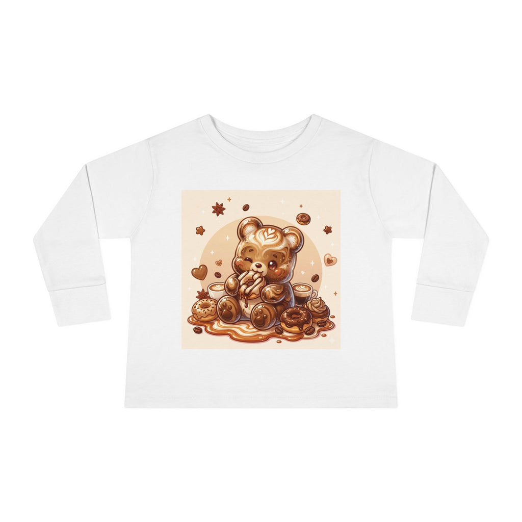 Coffee & Donuts with Chocolate, Oozy Bear Gummy Girls— Kids Illustrated Long Sleeve Shirt