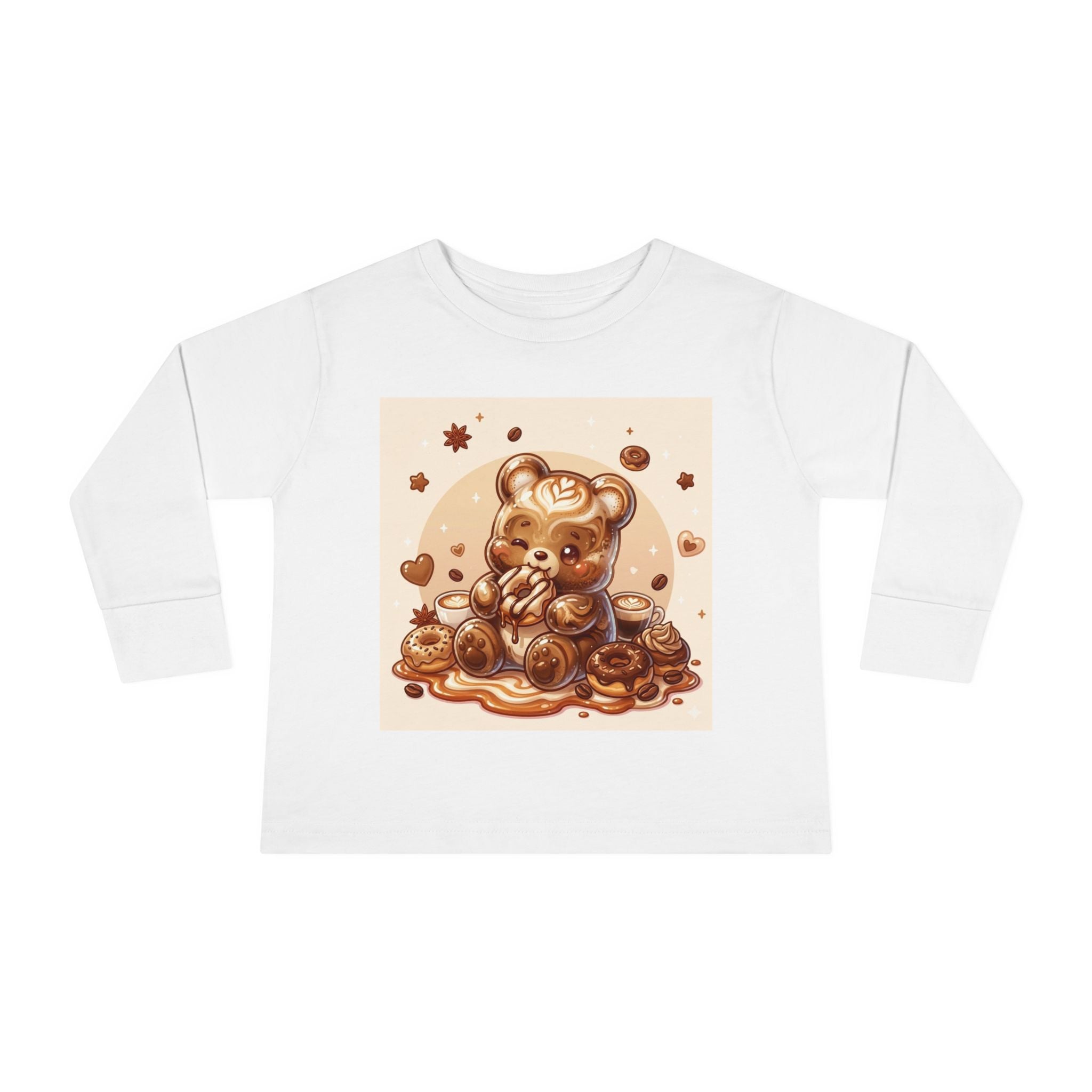 Coffee & Donuts with Chocolate, Oozy Bear Gummy Girls— Kids Illustrated Long Sleeve Shirt