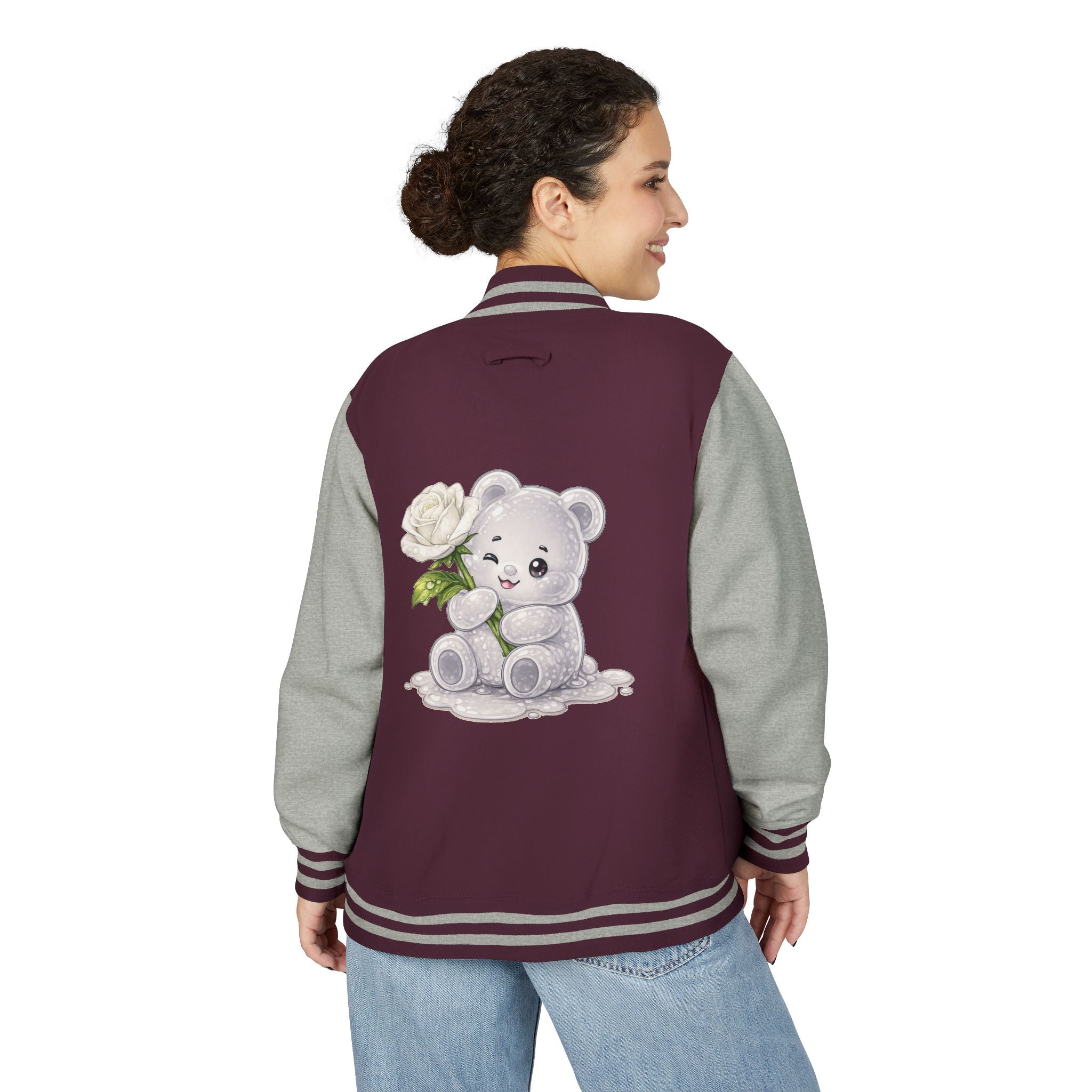 Blooming White Rose, Gooey Gummy Bear Friend- Kawaii Graphic Jacket