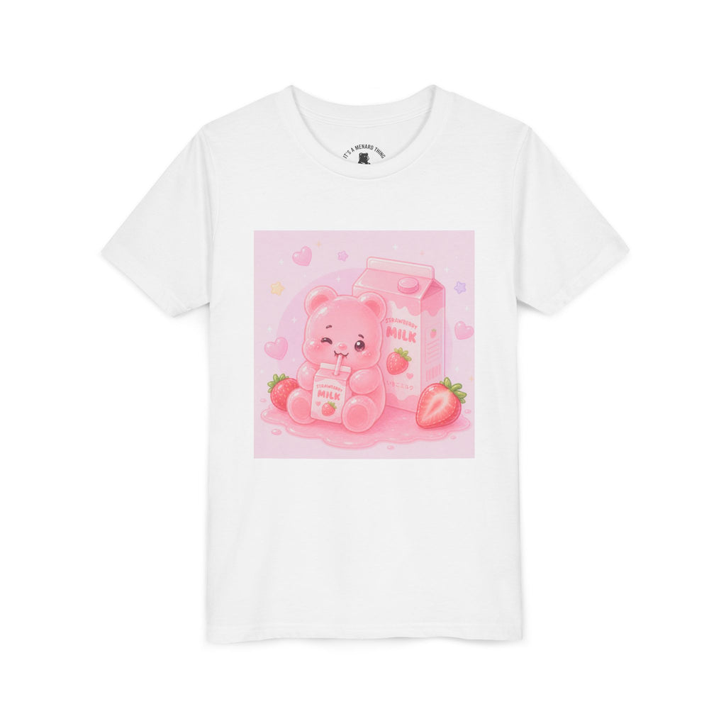 Kids' Pink Strawberry Milk Gooey Gummy Bear— Cute Youth Short Sleeve Shirt