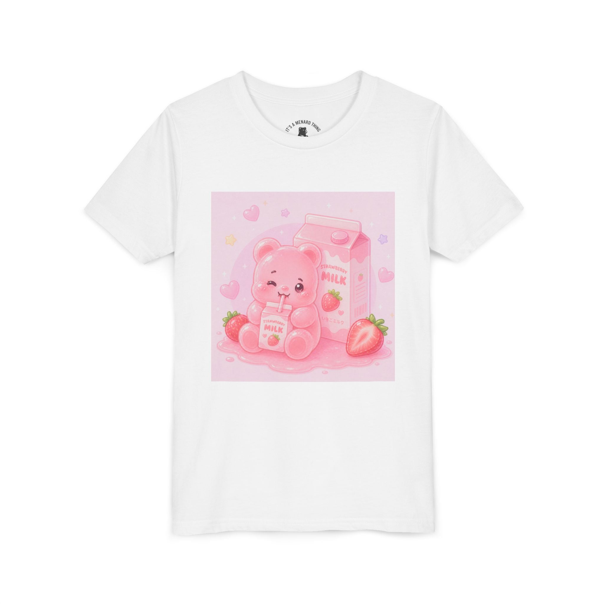 Kids' Pink Strawberry Milk Gooey Gummy Bear— Cute Youth Short Sleeve Shirt